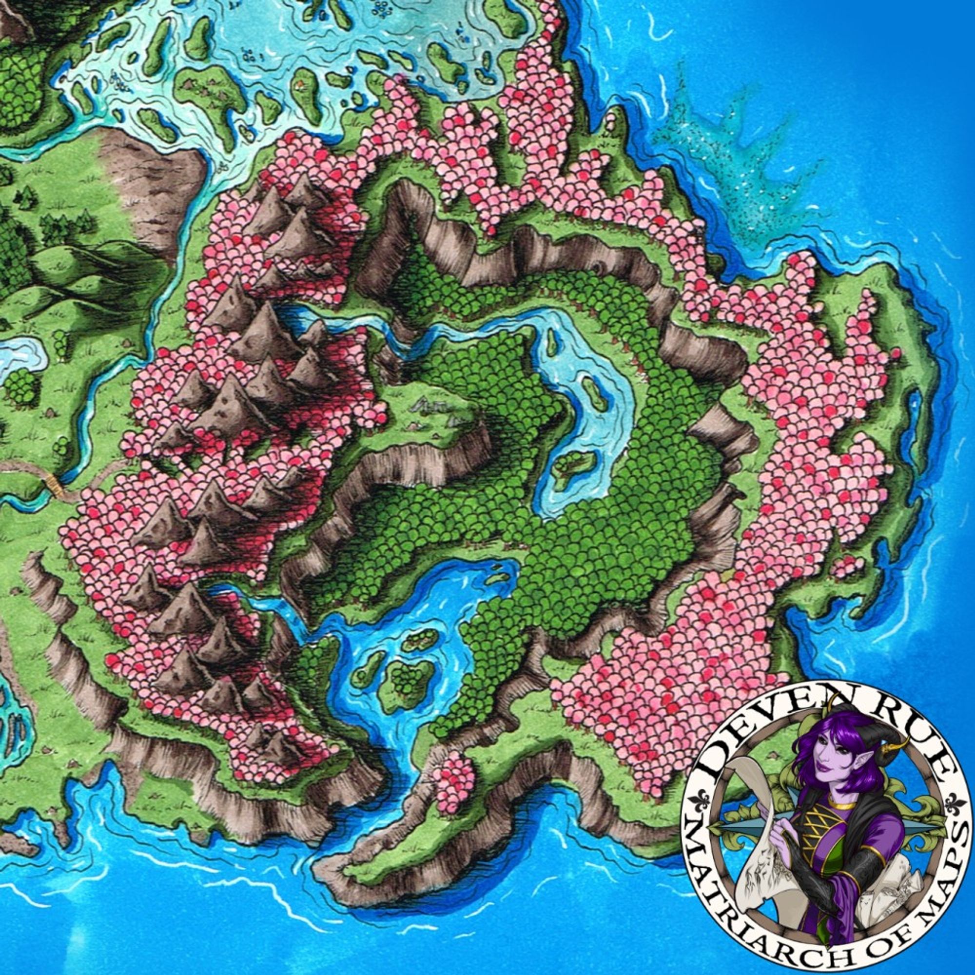 A portion of a colorful, hand-drawn fantasy map centered on a mesa of pink and red colored trees that surrounds a valley of lakes and lush green trees.