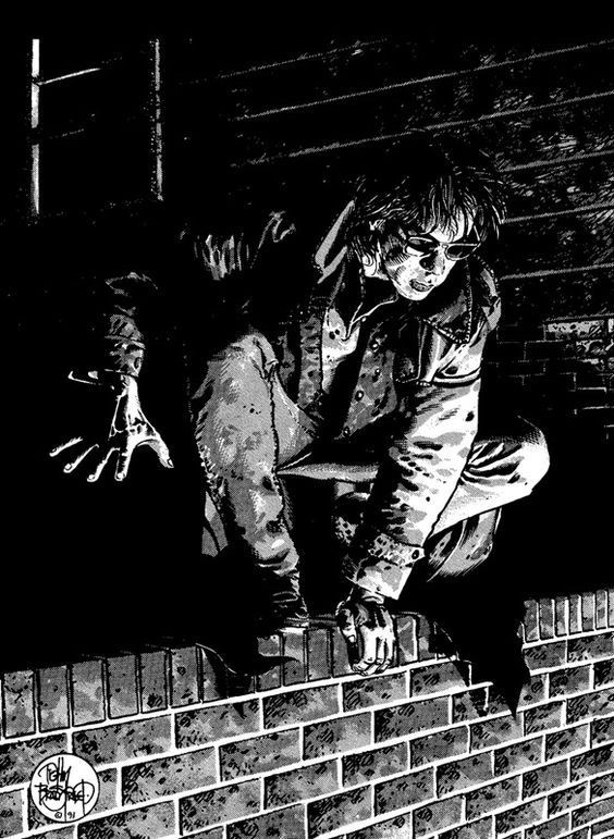 Tim Bradstreet illustration of Clan Gangrel, showing a Gangrel vampire at the edge of a rooftop observing something out-of-scene happening below.