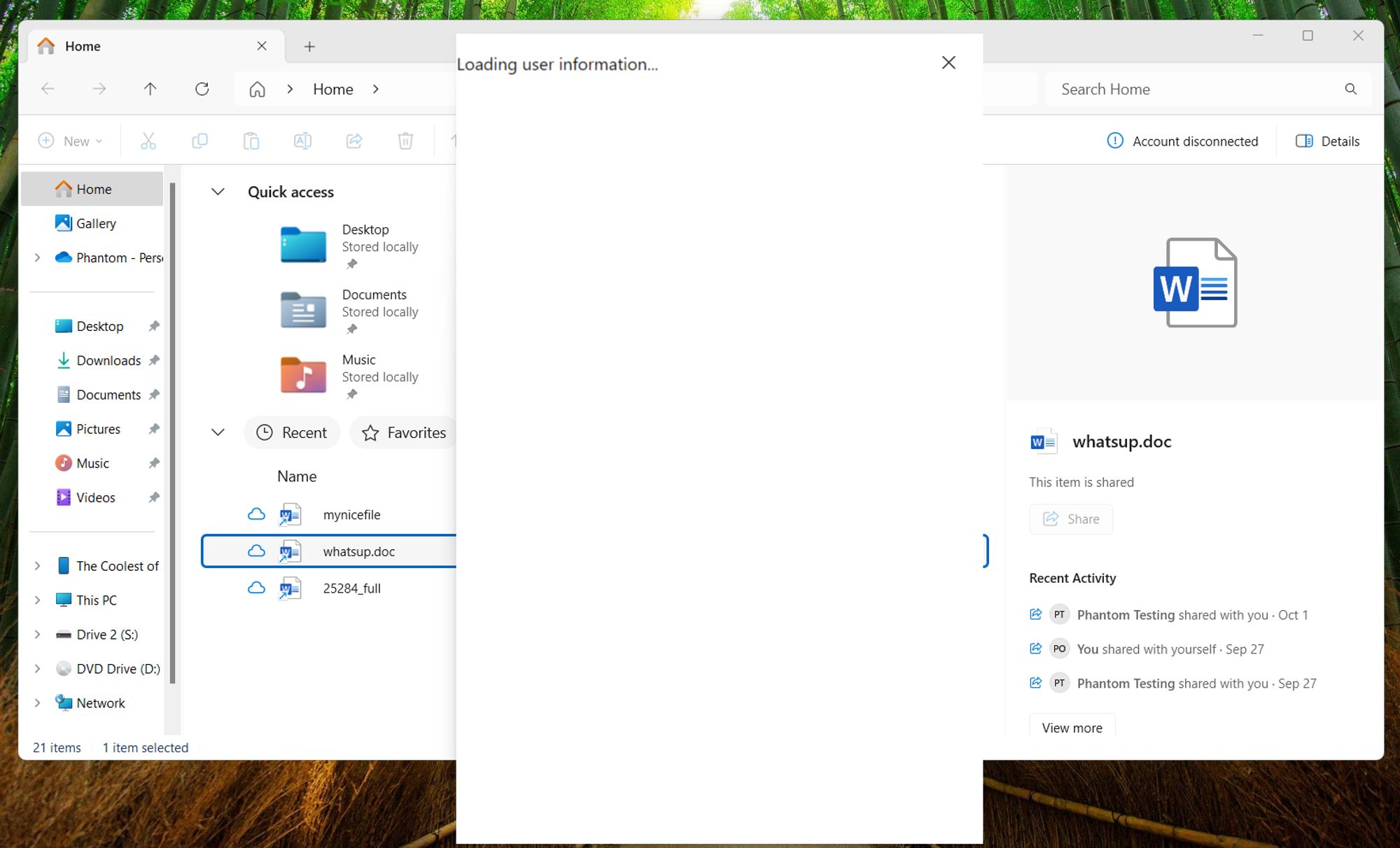 File Explorer in Windows 11 with an expanded live persona card open. It is "Loading user information..." with a close button in the top right.