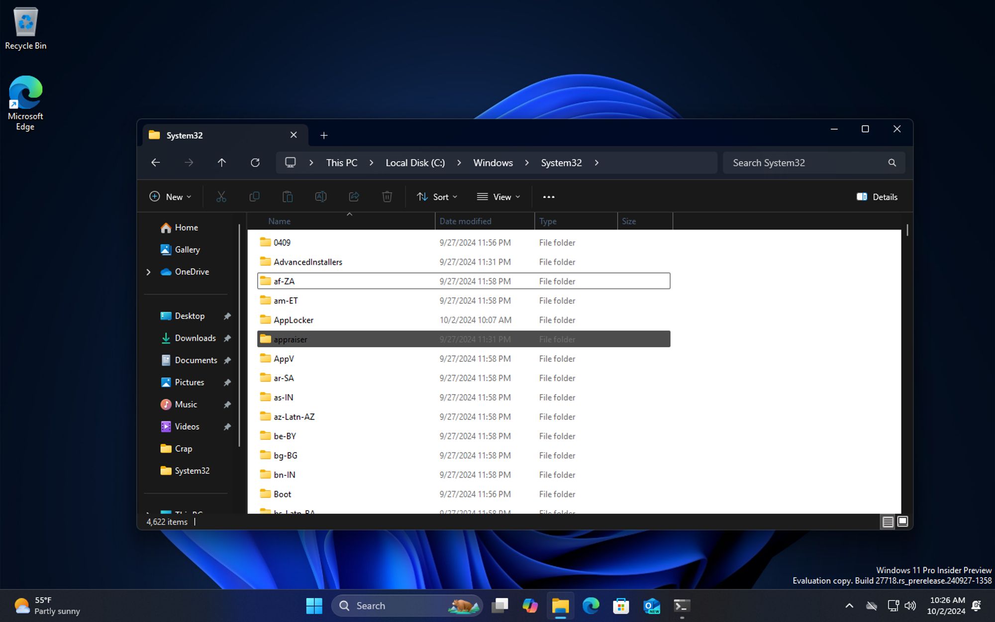 File Explorer in Windows 11 build 27718. It is themed incorrectly, with the folder view appearing in light mode (and with incorrectly colored highlights) while the rest of the UI is in dark mode.