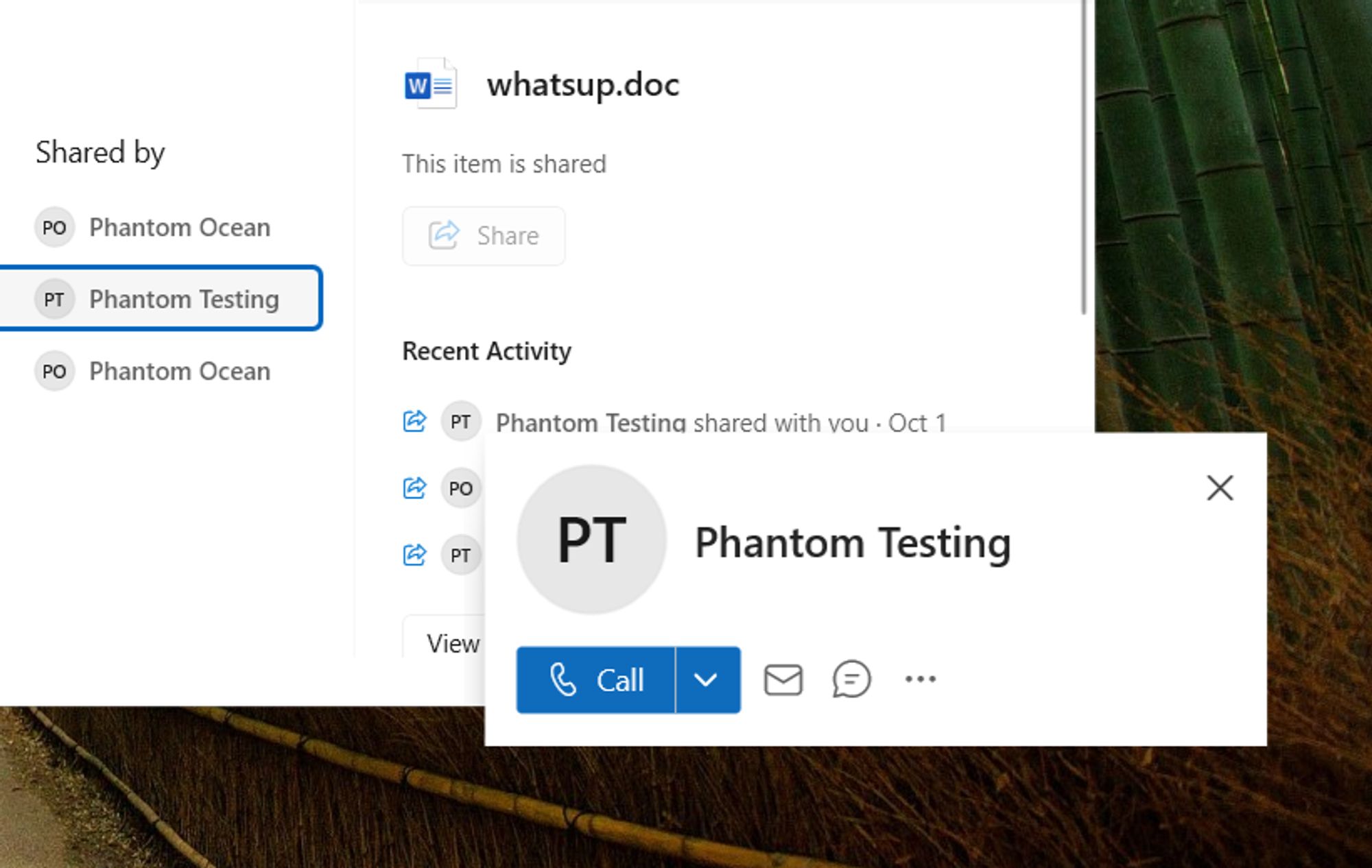 Live Persona Card in File Explorer in Windows 11. It shows the name "Phantom Testing" and their profile picture, which isn't set - showing initials instead. At the bottom are buttons to call the user, as well as to email and message them.