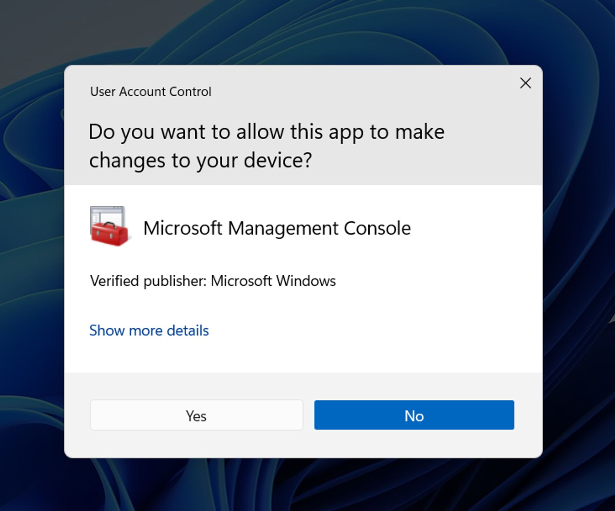 User Account Control dialog, asking the user if they want to allow an app to make changes to their device. The app is Microsoft Management Console with two options: Yes and No.