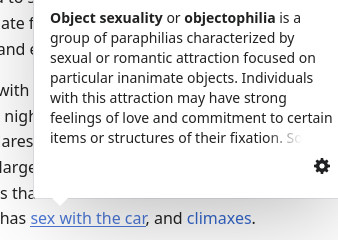 The plot summary for the Wikipedia page for Titane. The link from the phrase "has sex with the car" leads to "Object sexuality".