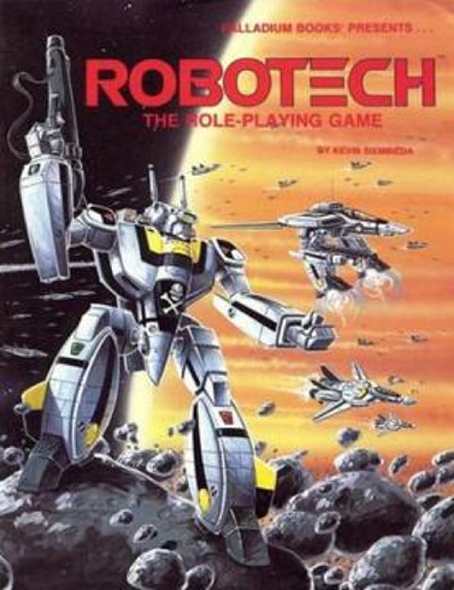 The cover of the Palladium Robotech RPG, showing several Valkyries in all three conversion modes in space.