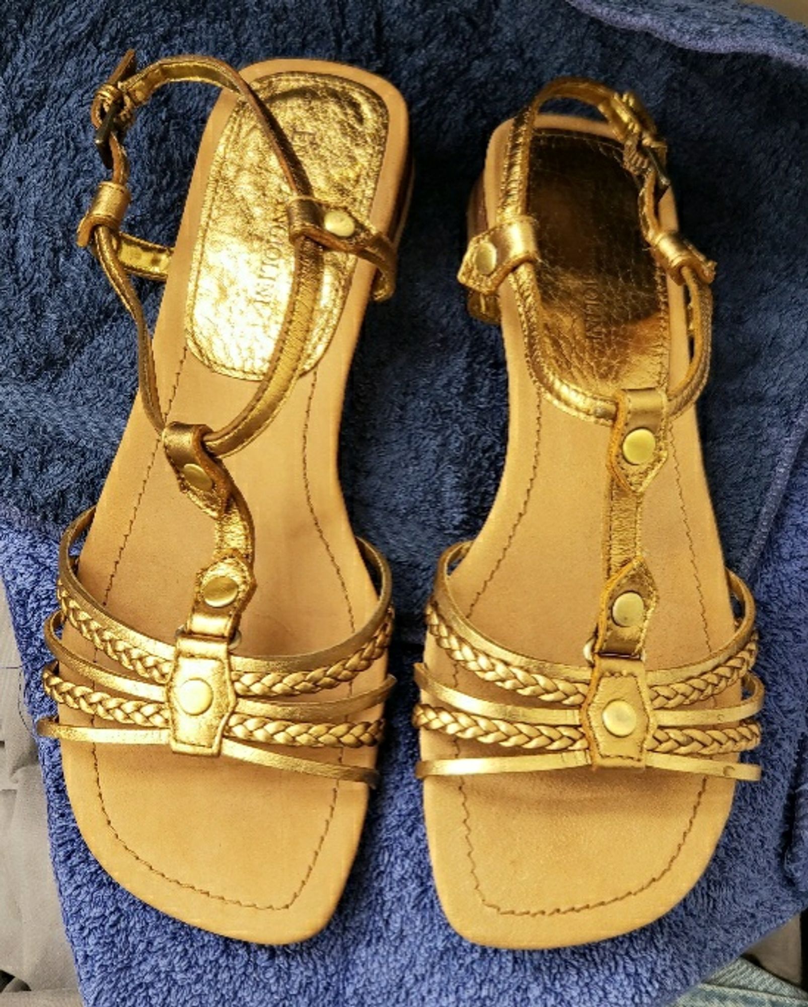 Size 7 Enzo Angiolini gold leather sandals, to which I plan to add beads, tassels, and metal chains and charms. Then resell, cuz my feet stopped being size 7 about 40 years ago.