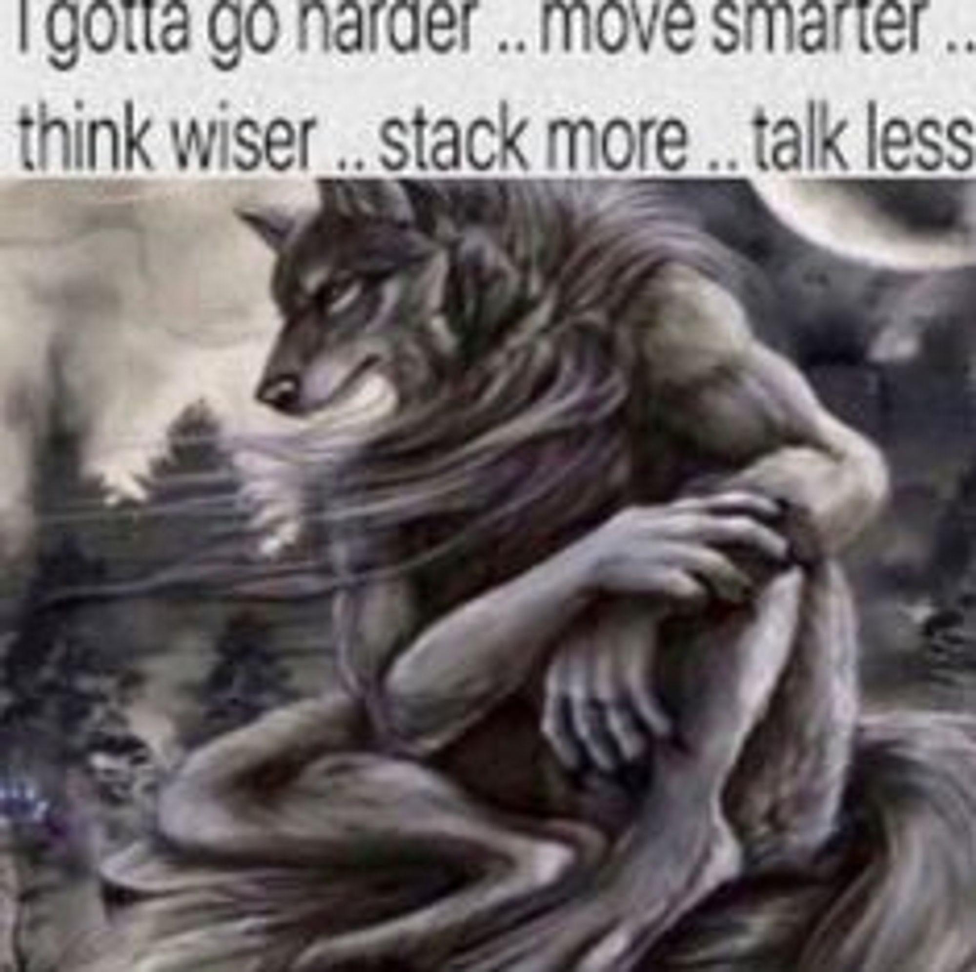 An image of a werewolf that goes really hard and there's a caption above it that says "I gotta go harder.. move smarter.. think wiser... stack more.. talk less..". Really awesome image wish you could see it.