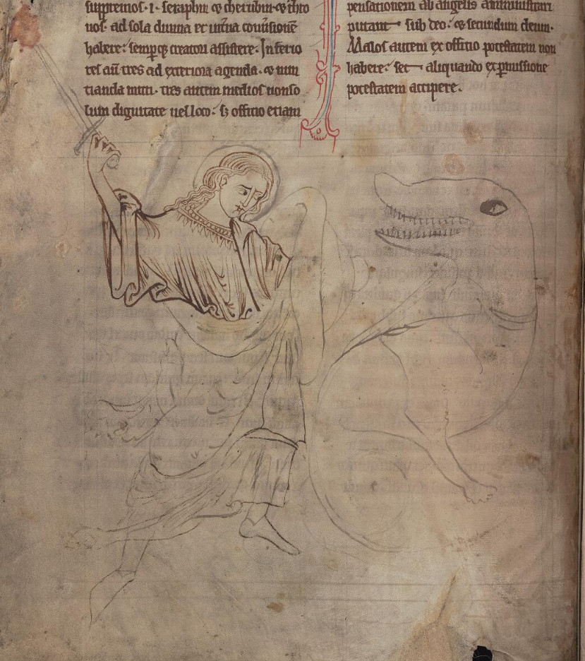 A page from a medieval manuscript with a partially completed ink drawing. On the left is a figure wearing loosely draped robes and holding a sword and shield; he has a halo. His face and upper body have been drawn in detail in dark brown ink, but the rest of his body, and the sword and shield, are roughly sketched in a lighter grey. He is fighting a creature that... well, it's clearly unfinished, drawn in light grey. It is turned towards him so that we can see only one eye and its mouth (full of sharp teeth) in profile. The eye is cartoonishly large and the creature has a big, crooked snout. It looks like a 5-year-old's drawing of a dinosaur. It's delightful.