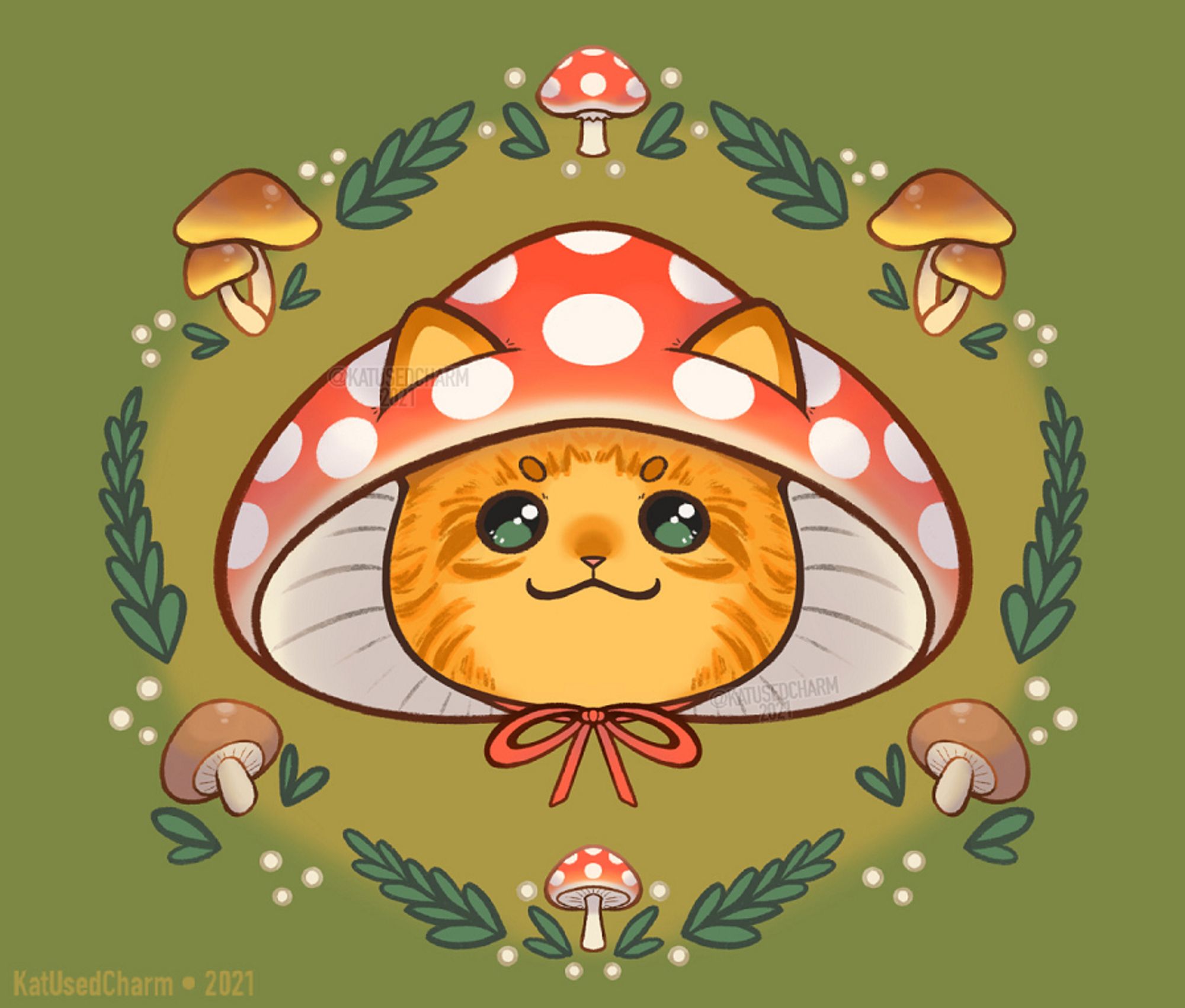 Orange cat wearing a mushroom cap. Surrounded by mushrooms and leaves.