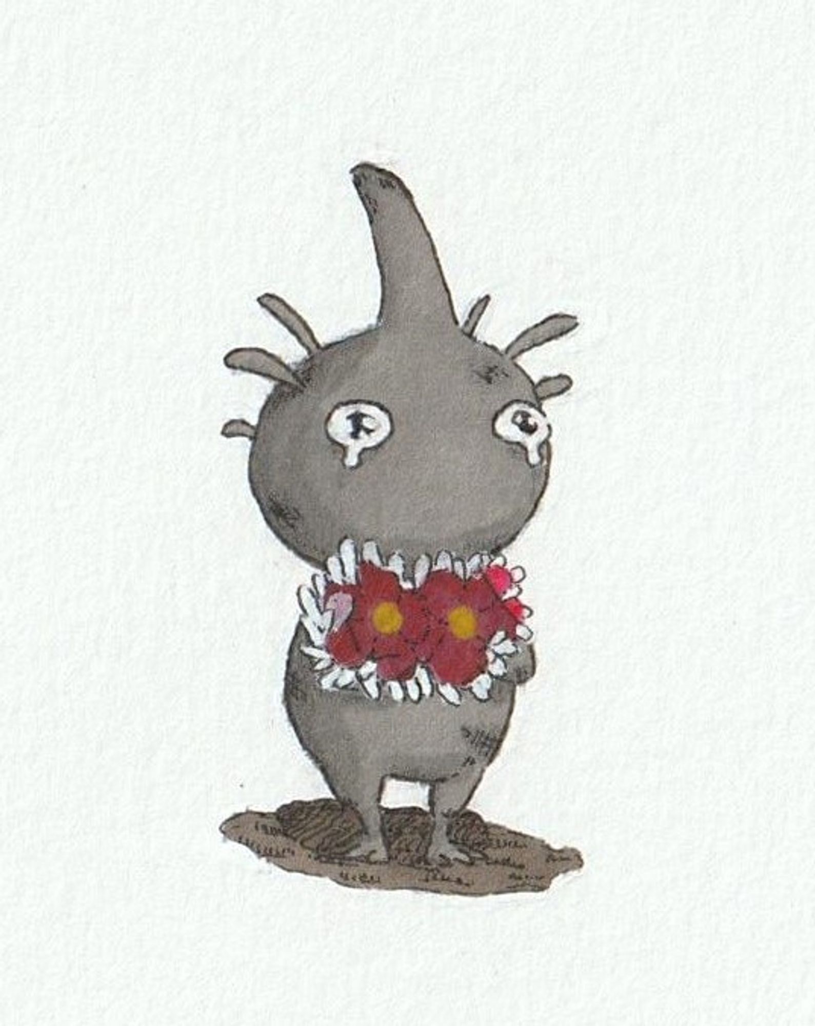 A black and white promarker, fineliner and pencil drawing of a crying purple Pikmin holding two same flowers.

The Pikmin's flower appears to have been cut and it's body is scratched in some places.
The flowers are the only part of the drawing with colors.