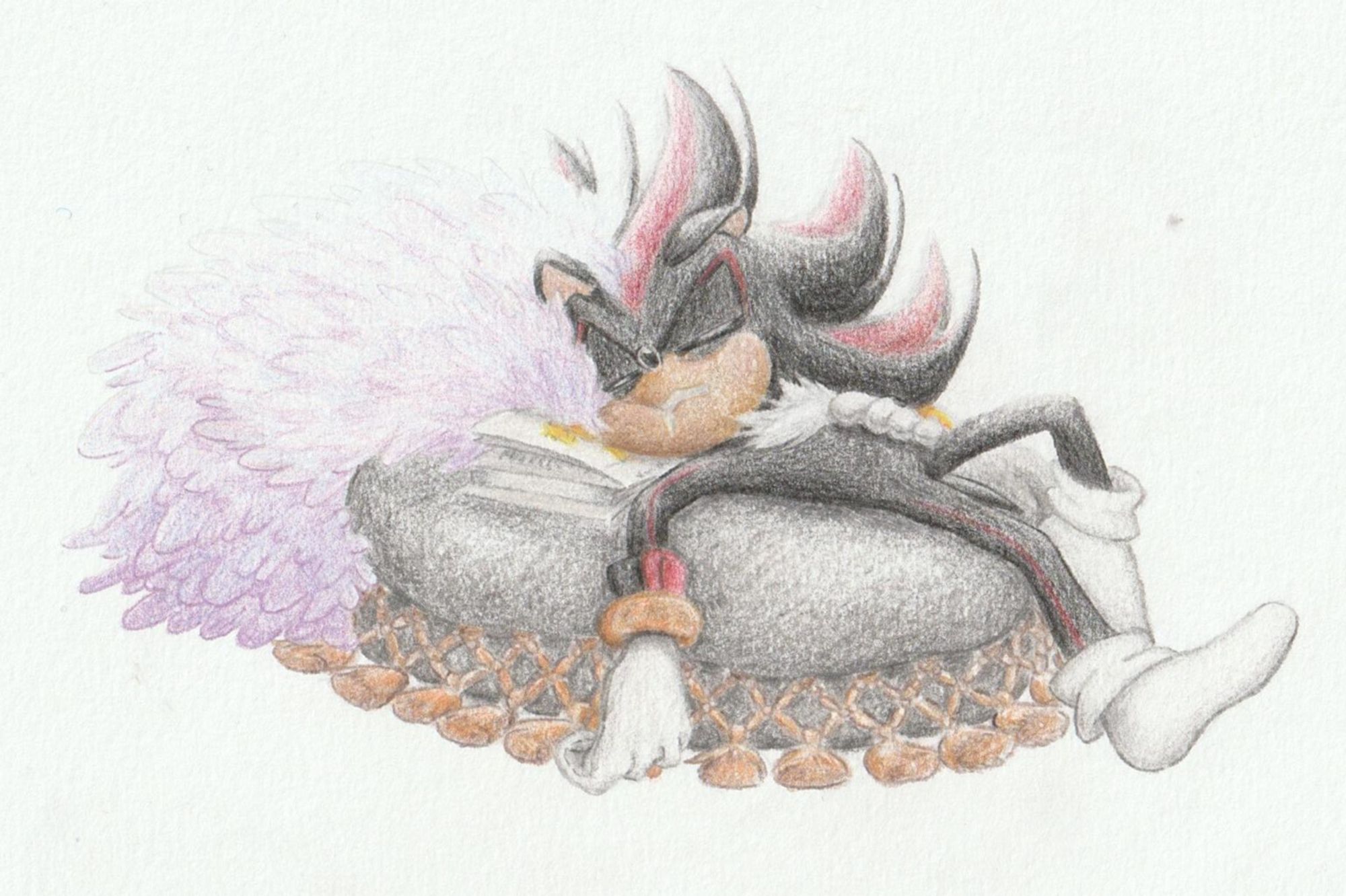 A color pencil drawing of Shadow the Hedgehog sleeping, flopped backward on two big pillows.

The pillow Shadow is laying on is grey and has gold tassels all around. The one next to his head is soft and purple.
Shadow's quills look messy, his left hand is resting on his stomach while his right hand fell from the pillow. He is drooling, threatening to damage the book his head is resting on.

The book is open on a page featuring a drawing of a character falling as gently as a tree falls.