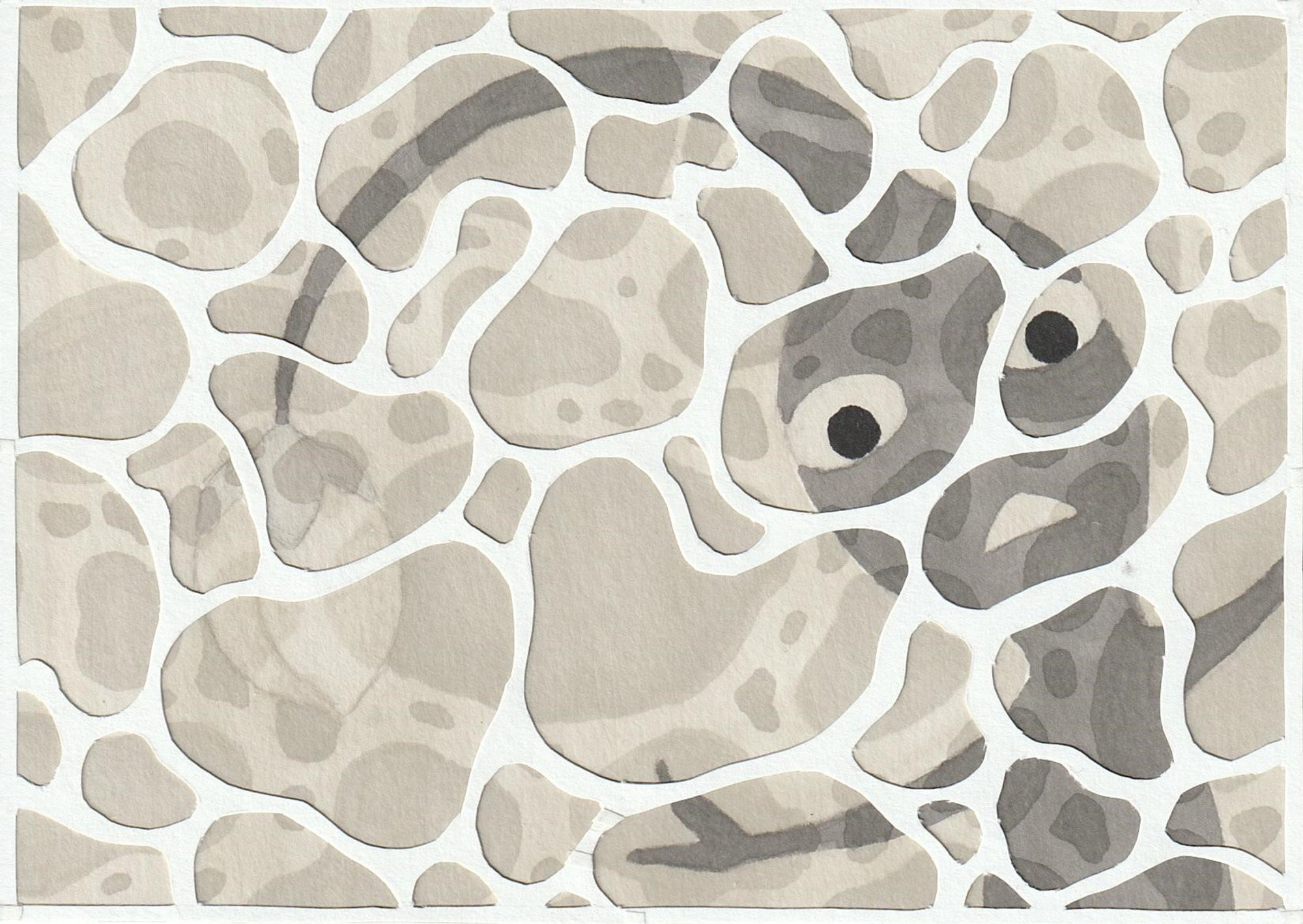 A black and white, promarker and paper cut drawing of a Blue Pikmin looking at you through water.

The Blue Pikmin has it's arms spread out. It's head and flower are tilted to the left.

There is slightly visible white tape on the paper cutout part, used to attach it to the Blue Pikmin drawing and fix a part that might have been damaged.