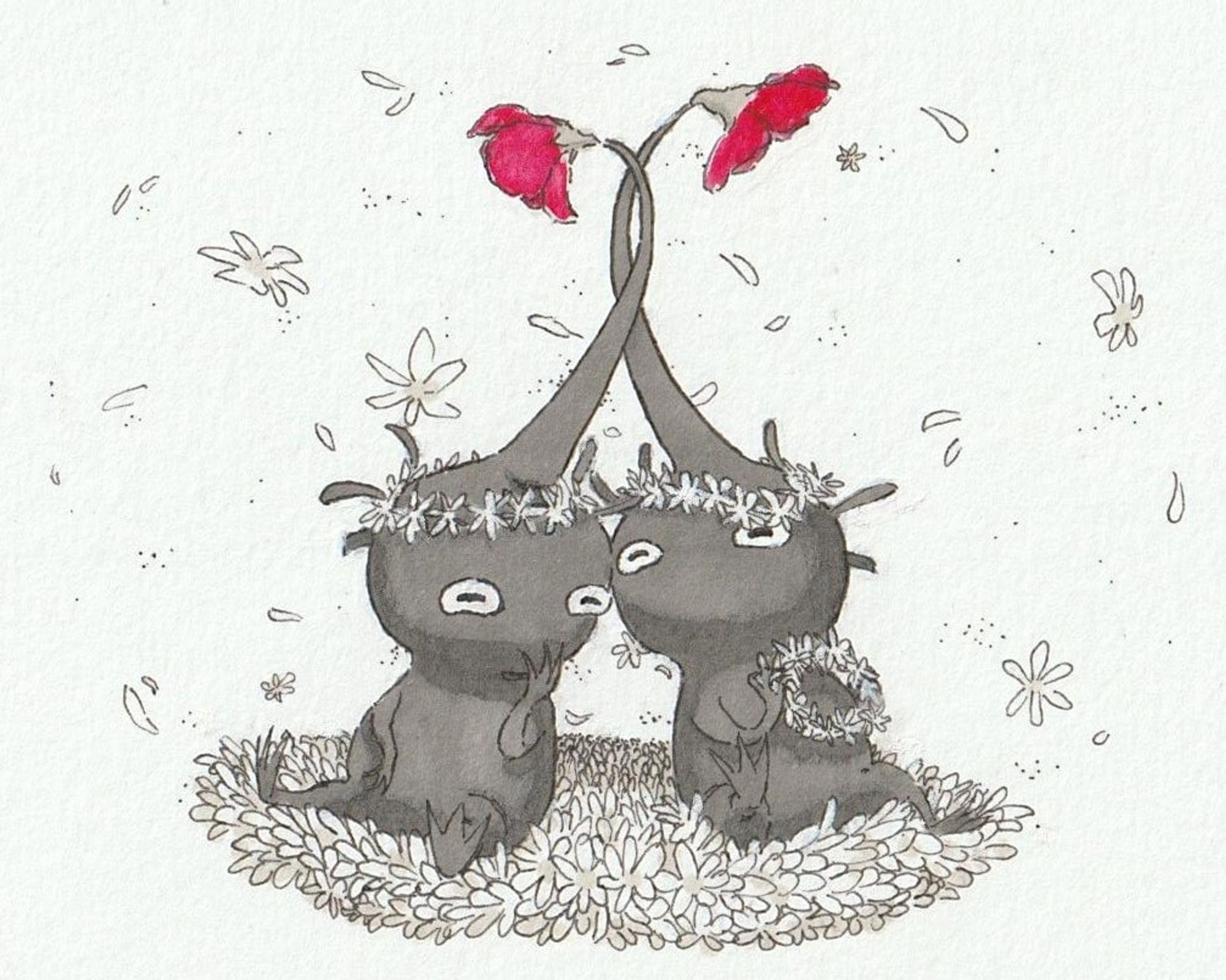 A black and white promarker, fineliner, watercolor and pencil drawing of two purple pikmin wearing white flower crowns and sitting among the same white flowers.
The pikmin on the right is holding another flower crown. They seem to be laughing.
The only part of the drawing with colors is the flowers on top of their heads.
There is white flowers and petals floating around them.