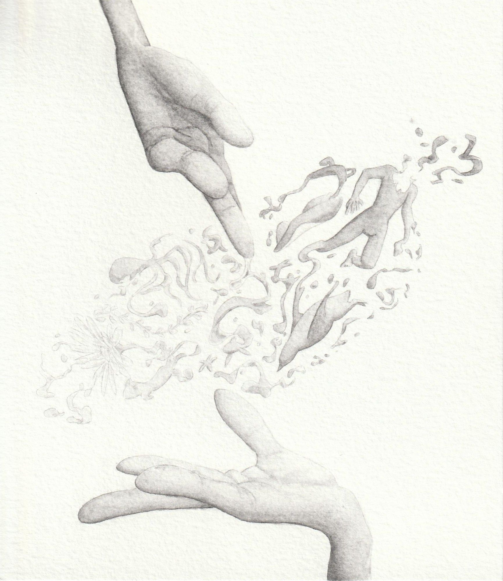 Water-soluble graphite and graphite pencil drawing of sn0w's hands (which are grey and have 4 fingers).
A liquid like material is dripping from the middle finger of the hand coming from above, morphing into various shapes as it floats in the air. Some of those shapes include a human body, a penguin, a freshwater stingray, a fish, a star, an octopus, a stoat, a vine with leaves and a daisy flower.
The shapes on the left are a lighter shade of grey and the ones on the right darker, creating a gradient.
The hand coming from bellow is open toward the various floating shapes.