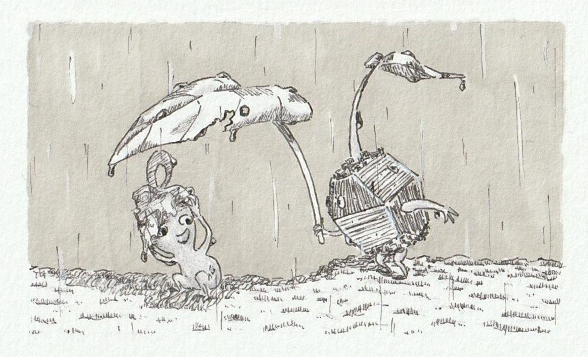 A black and white promarker, fineliner and pencil drawing of a rock pikmin holding a leaf over a crouched red pikmin's head to protect it from the rain.
The red pikmin is holding its own leaf over it's head and looking at the rock pikmin.