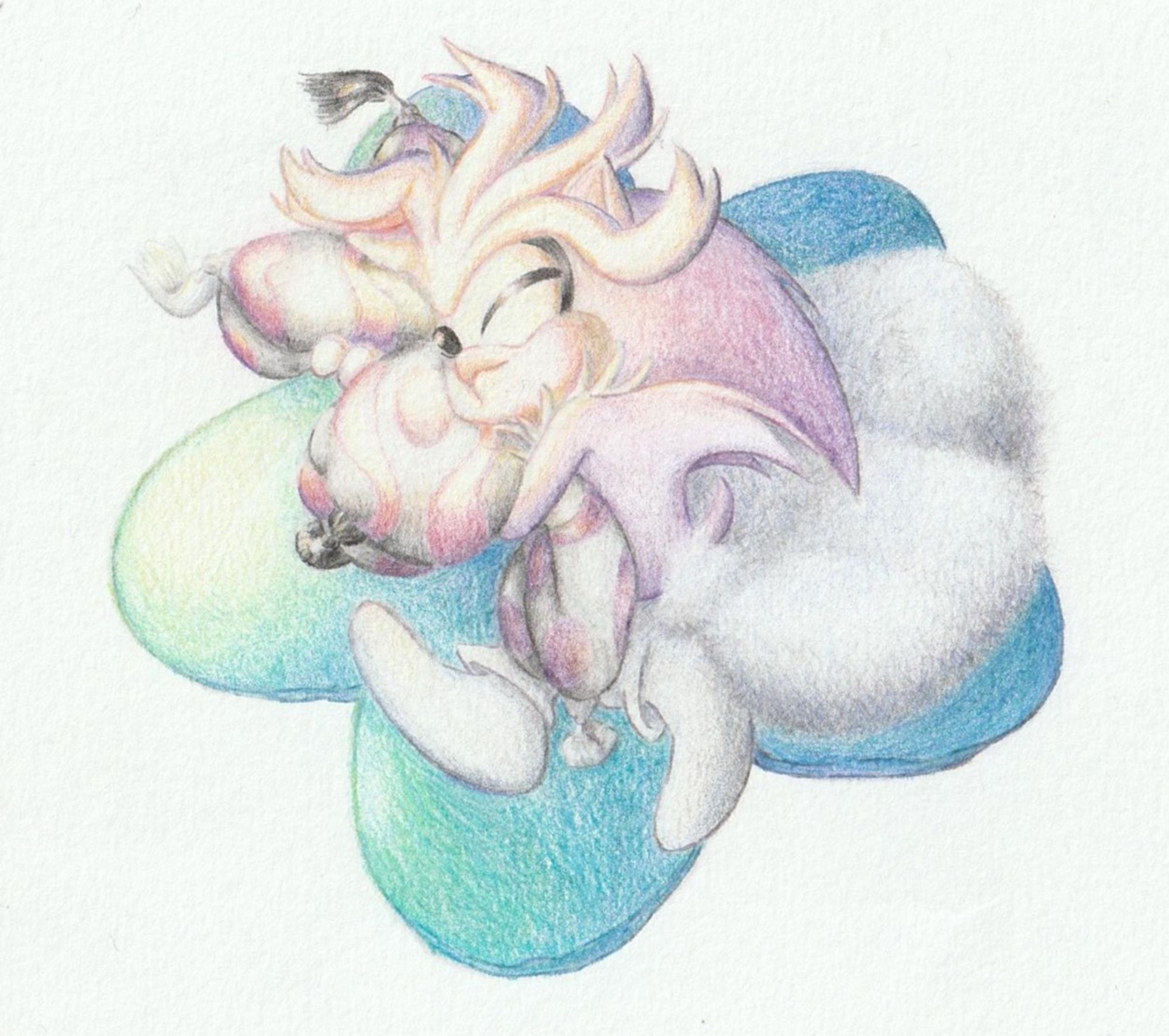 A color pencil and graphite pencil drawing of Silver the Hedgehog sleeping curled up with three pillows.

The big pillow Silver is laying on is cyan and five point star shaped. The one he is hugging and snuggling is purple and silver, six point star shaped and has alternating black and white tassels on each end. The one behind him is fluffy and cloud like.

Silver is smiling in his sleep, his quills look messy.