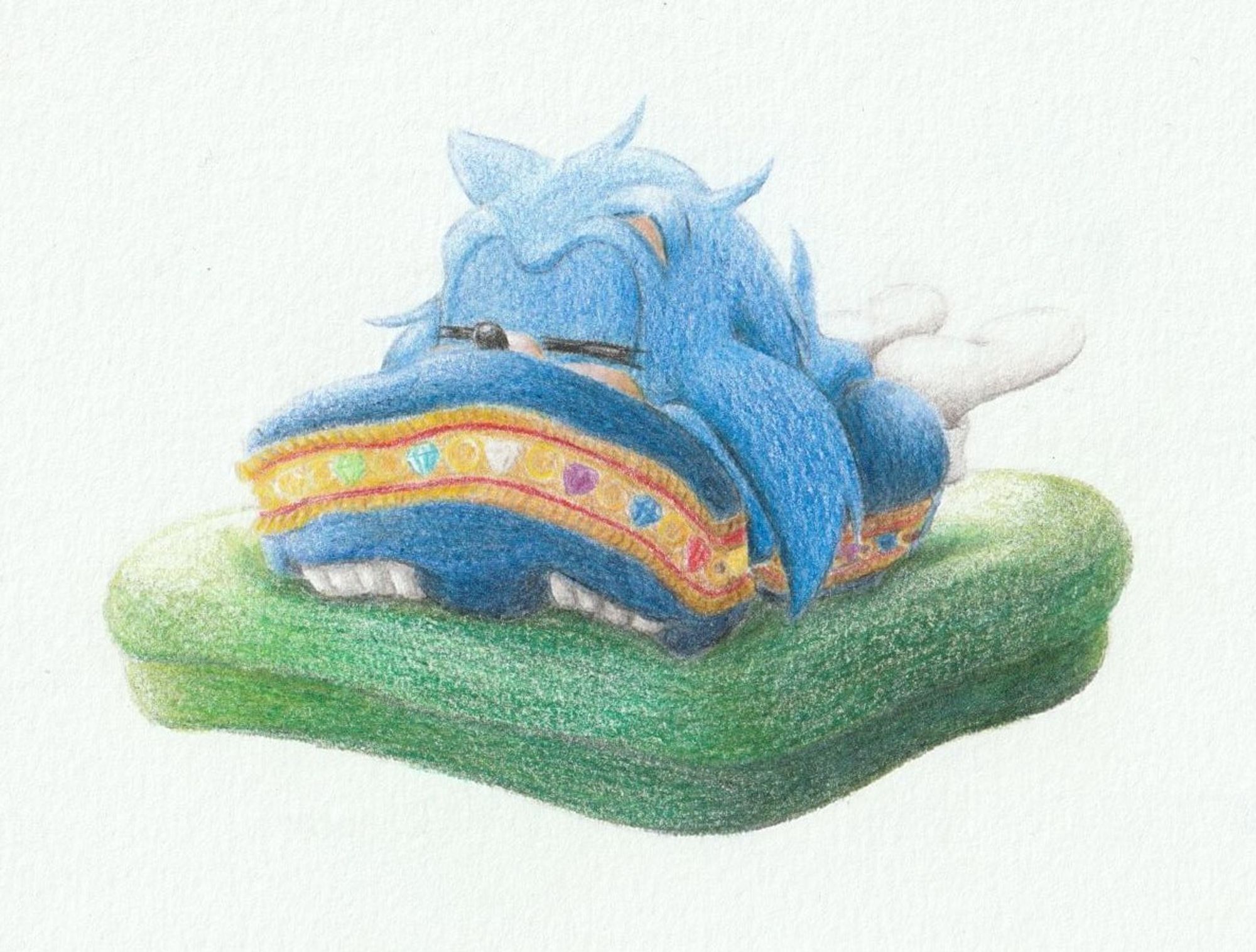 A color pencil drawing of Sonic sleeping on two pillows.

The first pillow at the bottom is green and the one Sonic is laying on and grabbing is blue, with chaos emeralds and rings embroidered along the side.

Sonic is on his stomach, feet up and his quills look messy.