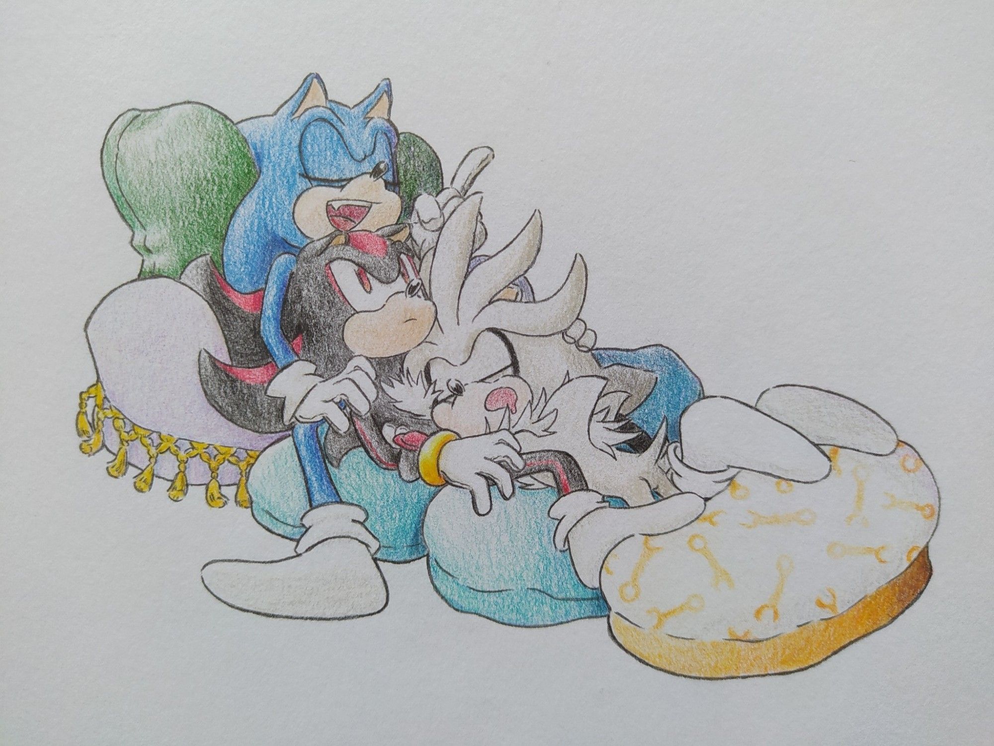 A color pencil and graphite pencil drawing of Sonic, Shadow and Silver, resting on cushions.

Sonic is sitting on a light purple cushion with tassels, his head resting on a dark green cushion. Talking with his eyes closed and his left finger raised up. His right hand is on Shadow's shoulder. 

Shadow is resting his head on Sonic's chest and looking up at him while petting Silver's head with his left hand.
The cushion he is resting on is blue and star shaped.

Silver is lying on his stomach and hugging Shadow tightly while sleeping and drooling.
His and Shadow's foots are resting on a yellow and white cushion with a wrench pattern.