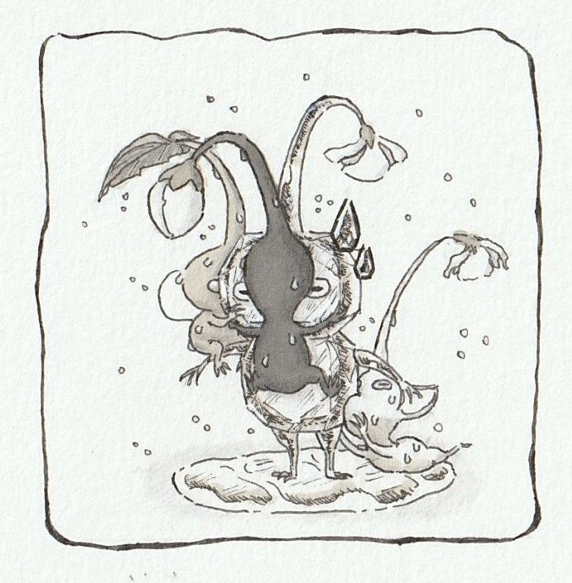 A black and white promarker, fineliner and pencil drawing of a sweaty Blue Pikmin, Winged Pikmin and Yellow Pikmin jumping onto an Ice Pikmin to cool off.

The Winged Pikmin is sitting on the Ice Pikmin's right arm and hugging it's face.
The Blue Pikmin smacked it's face on Ice Pikmin's face.
Yellow Pikmin crawled on the floor to push it's face onto Ice Pikmin's behind.