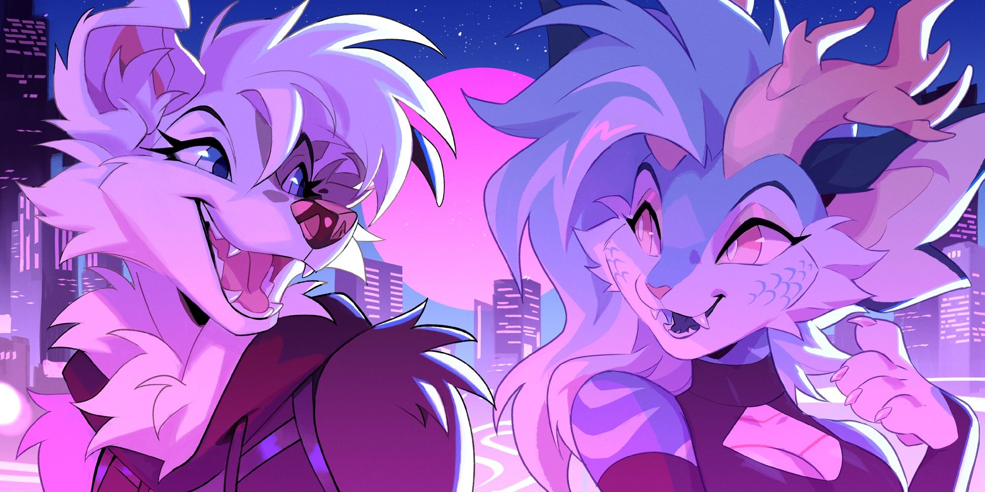 Roxy and Sango in front of a city.