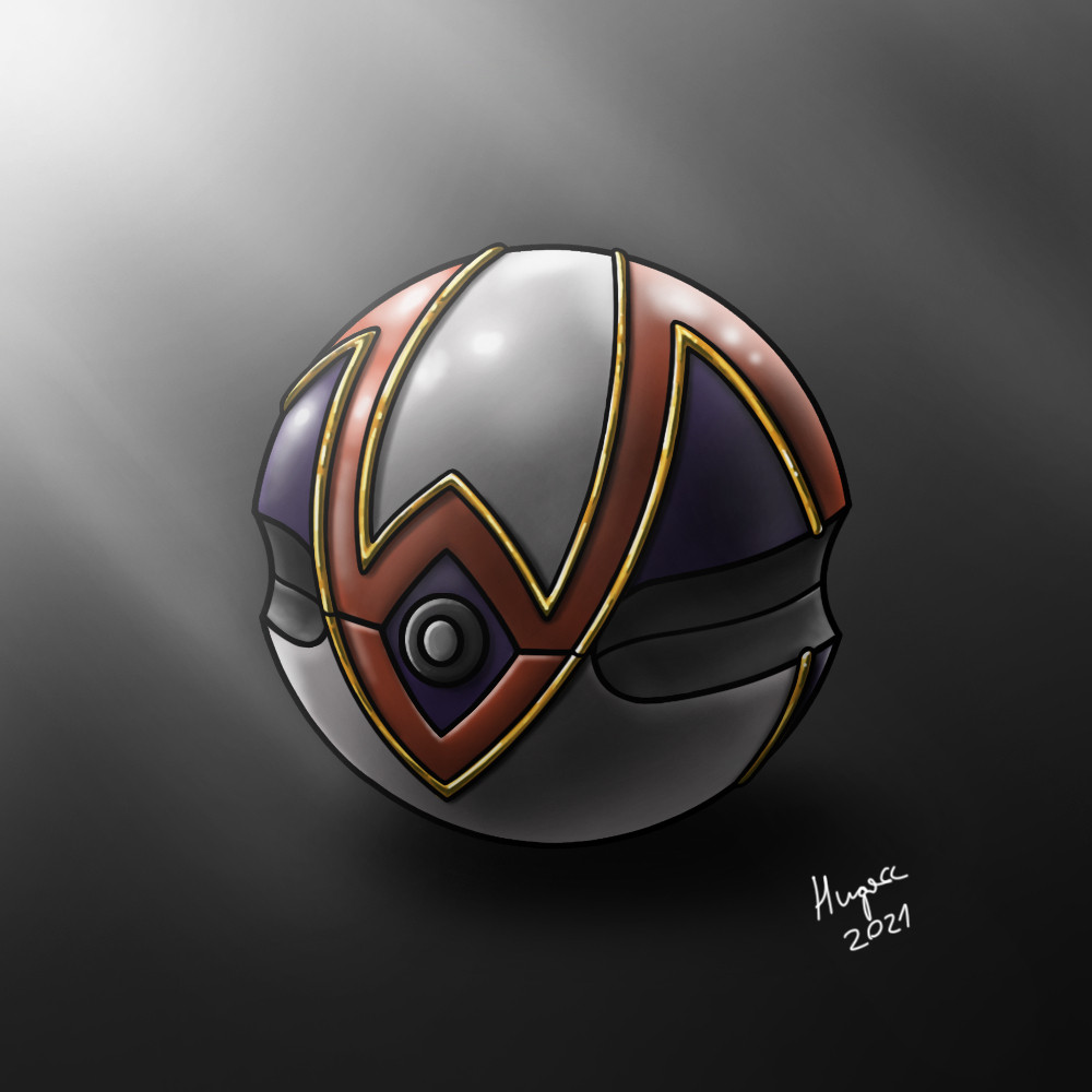 Reimaginación de la mítica masterball con formas más agresivas y elegantes, incorporandole detalles dorados e integrando la M en la estructura de la ball.