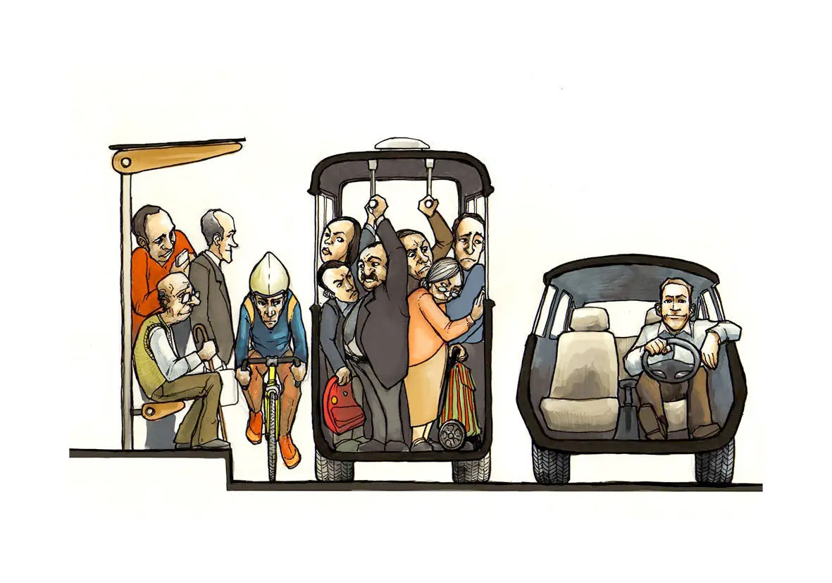 Artwork titled Justicia Urbana by Chilean artist, Fabián Todorović Karmelić. 

The artwork depicts ten people on a bus, people waiting for a bus, and a cyclist, crammed into a small space on the street, while one man in a private automobile enjoys more than enough space.