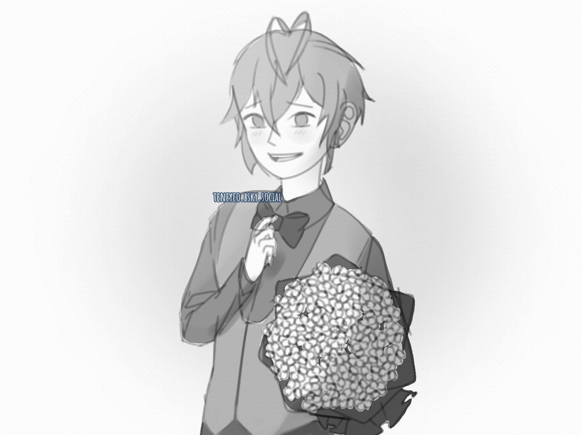 black and white bust up art of Riddle Rosehearts wearing formal attire with a bouquet of forget-me-not flowers