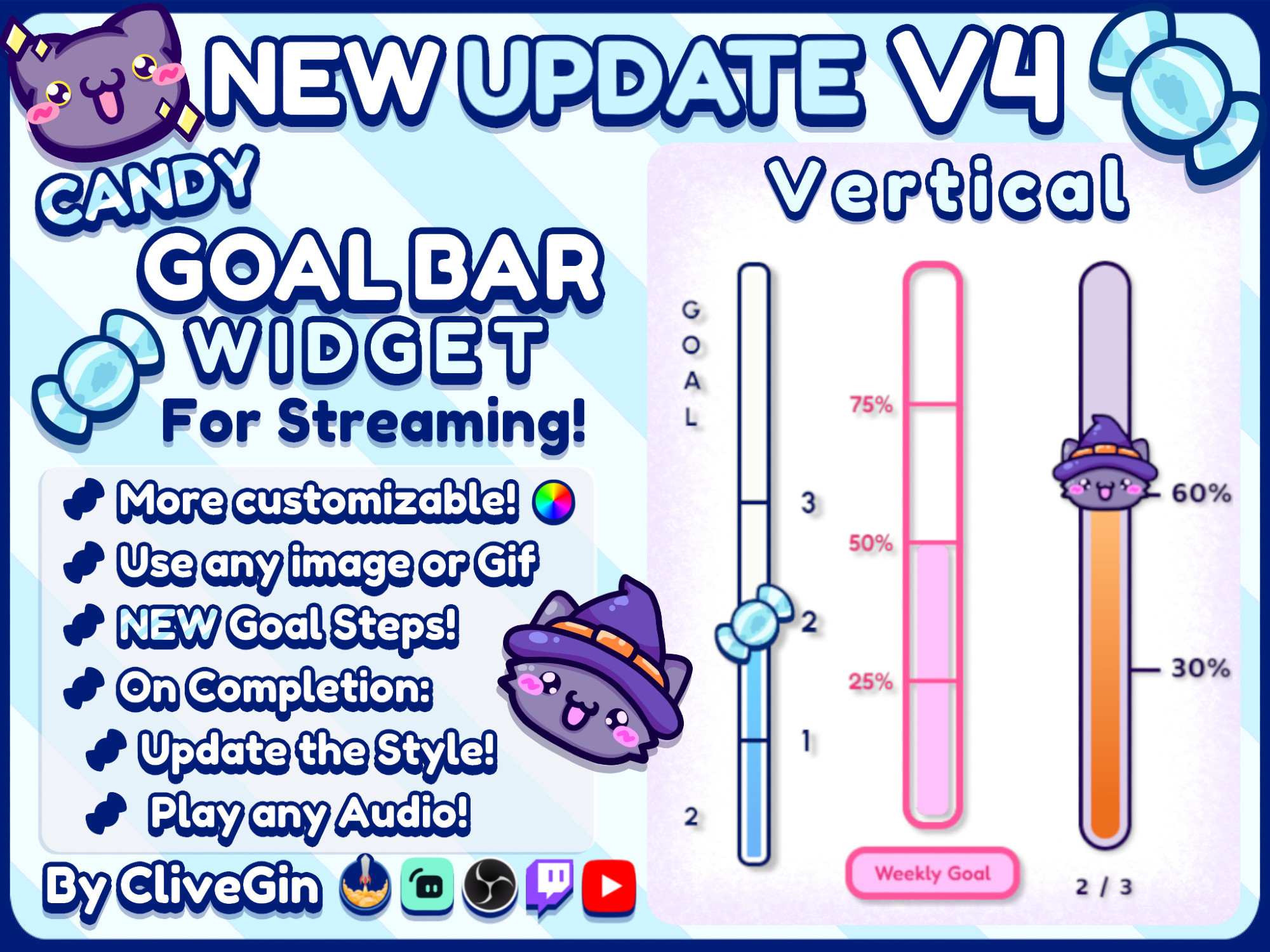 Goal bar widget for Twitch Streamers, fully customizable Goal Widget for streaming, goal asset for vtubers, Vertical and cute