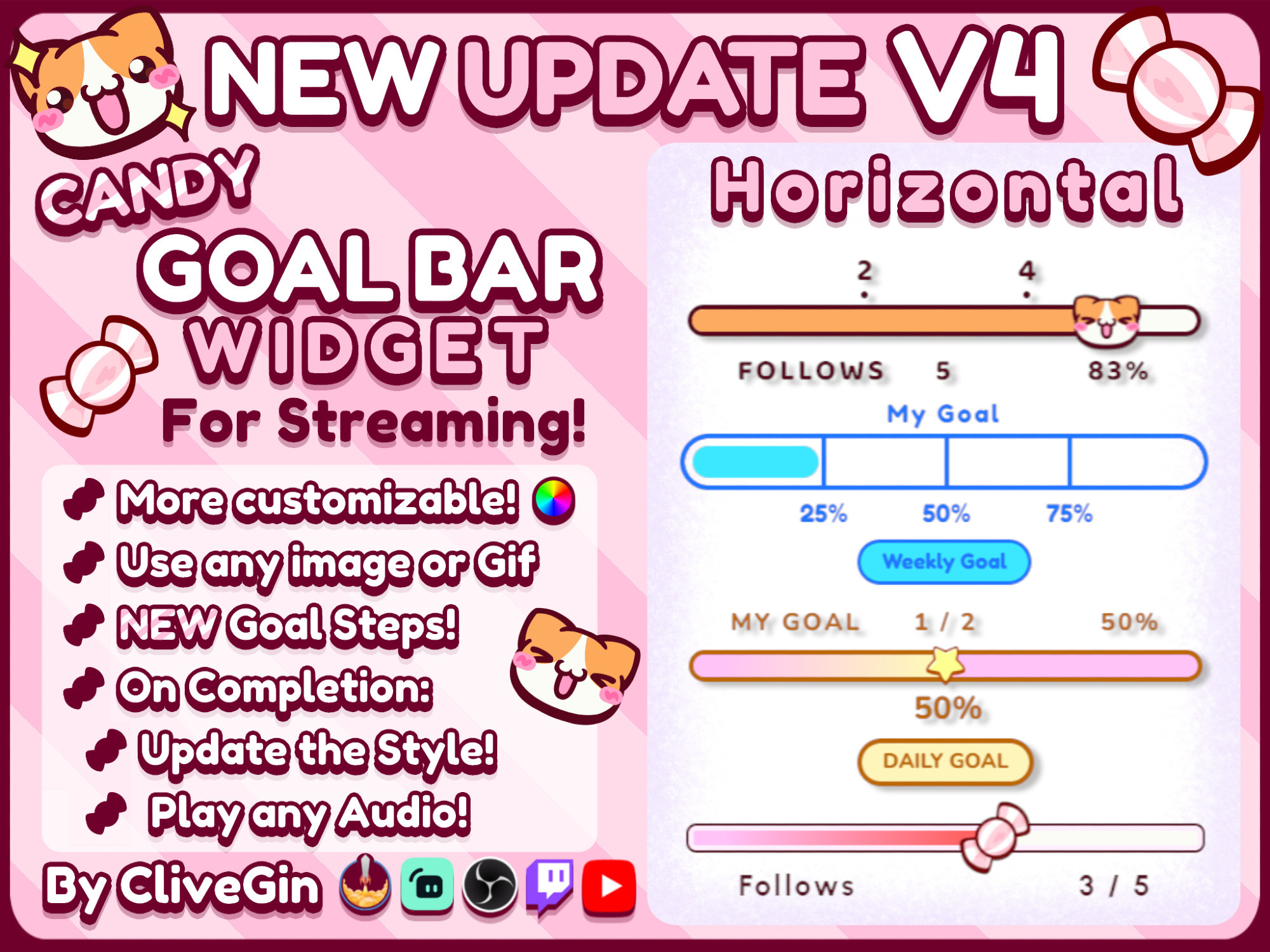 Goal bar widget for Twitch Streamers, fully customizable Goal Widget for streaming, goal asset for vtubers, Horizontal and cute