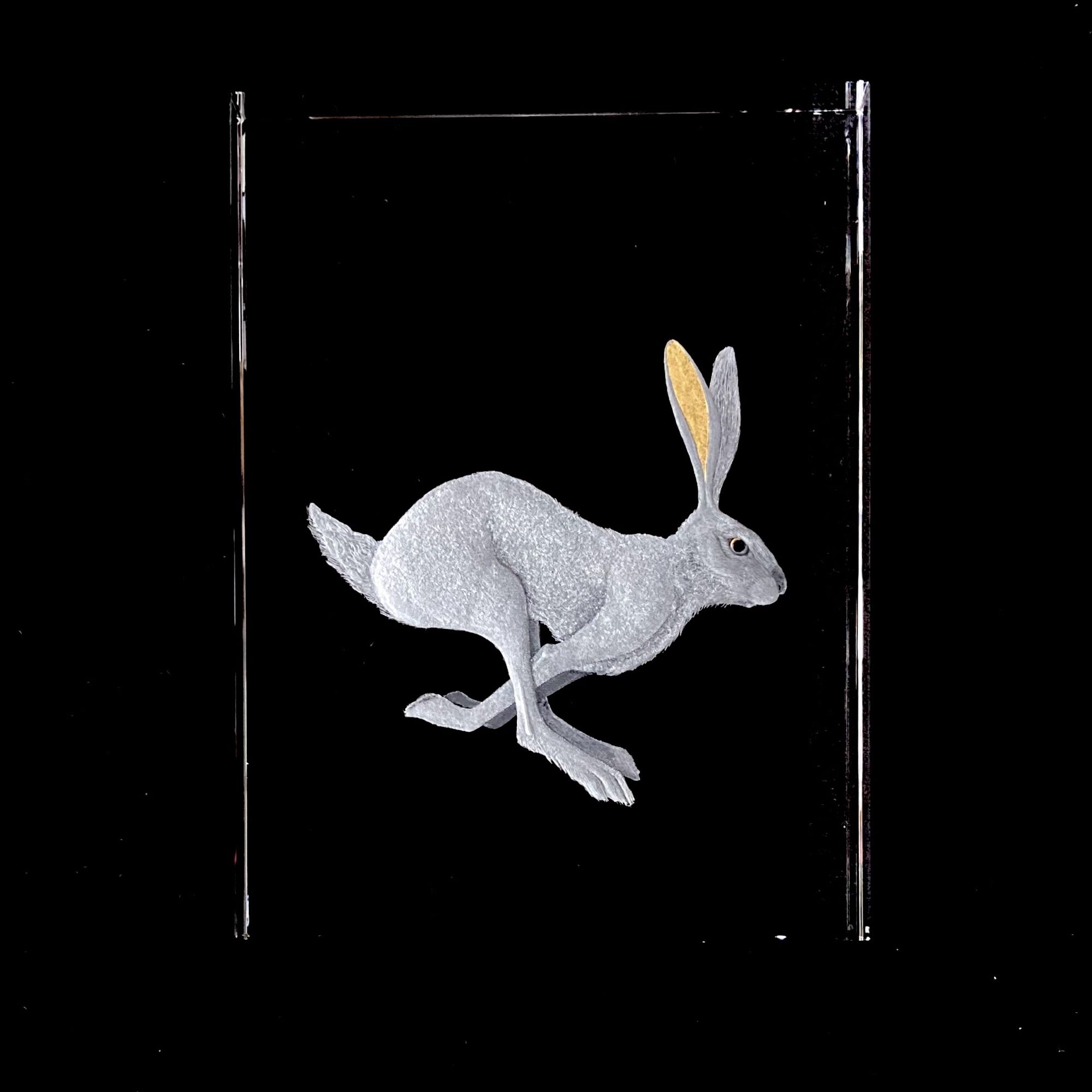 Hand engraved running hare on glass.