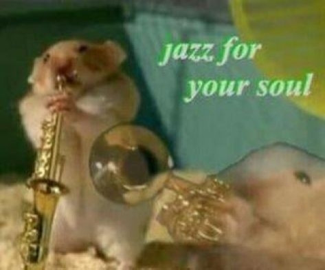 Blurred picture of hamster playing a saxophone with "jazz for your soul" text.