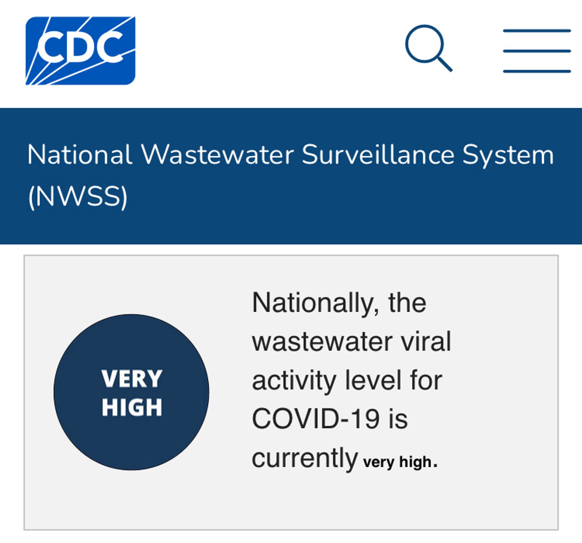 CDC logo

National Wastewater Surveillance System
(NWSS)
VERY HIGH
Nationally, the wastewater viral activity level for COVID-19 is currently very high.