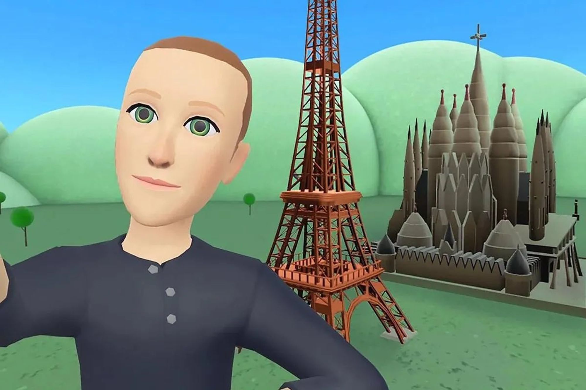 a really shitty looking meta horizon worlds avatar of mark zuckerberg standing in front of a comically small eiffel tower and some cathedral