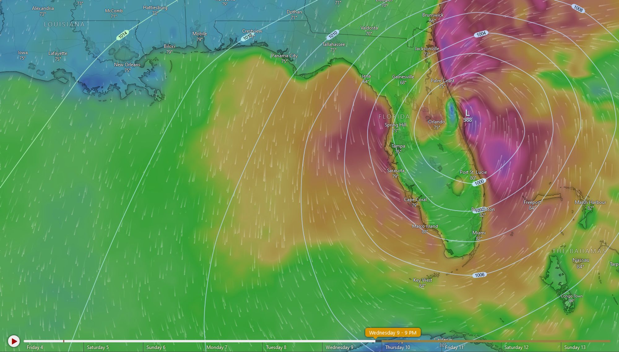 Tropical Storm/Cat 1 hurricane project to exit near Daytona Beach, FL on 10/9 between 9am-11am.