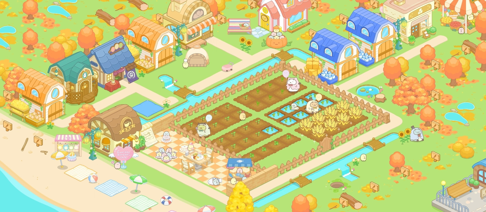 A farm in Sumikkogurashi Farm game, has buildings, crops and little animals - "sumikko" characters running around