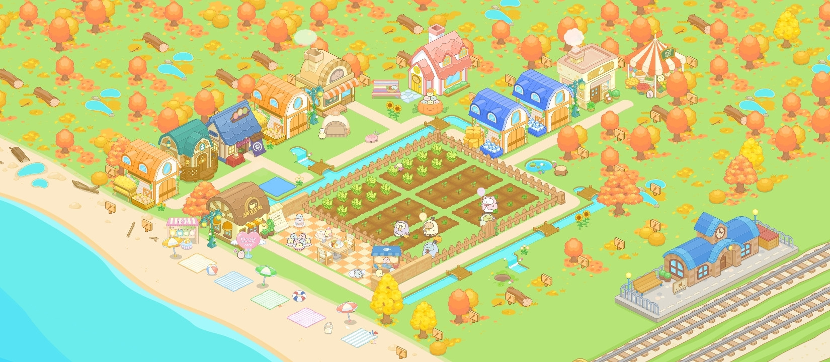 Sumikkogurashi Farm game - a screenshot of a farm, farm buildings and "sumikko" animals running around