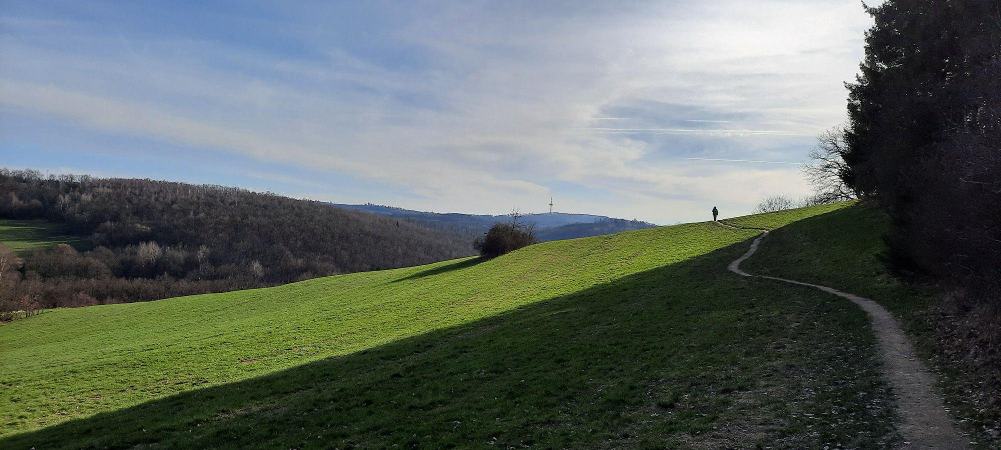 Weiter Blick über eine teils im Schatten liegende grüne Wiese mit einer Andeutung von Wald. Blauer Himmel mit verwischten weißen Wolken. Rechts schlängelt sich ein schmaler Weg den Hügel hoch. Am Horizont, weit hinten auf dem Hügel steht eine Person.