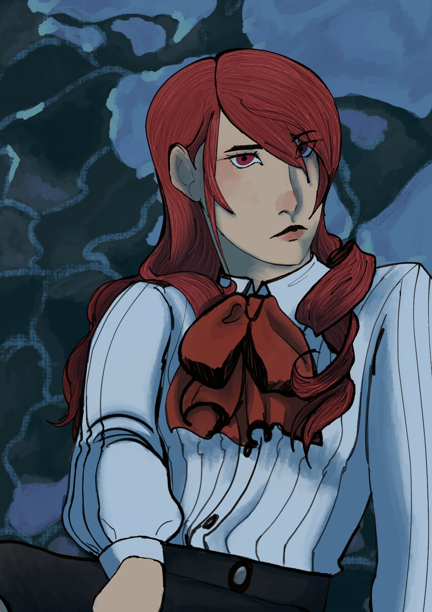 Mitsuru Kirijo from Persona 3 sitting in front of a background of ice.