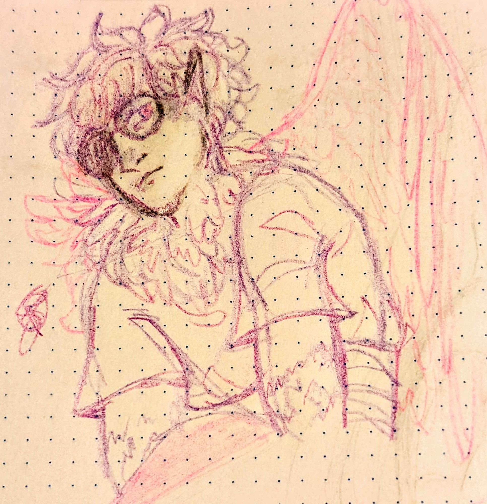 Dave sprite from Homestuck (halfbird human hybrid with wings, a tuft of feathers around his neck and bird like arms), his sunglasses give the viewer a peak of his eyes. This is traditionally drawn as a purple and pink sketch on dotted paper.