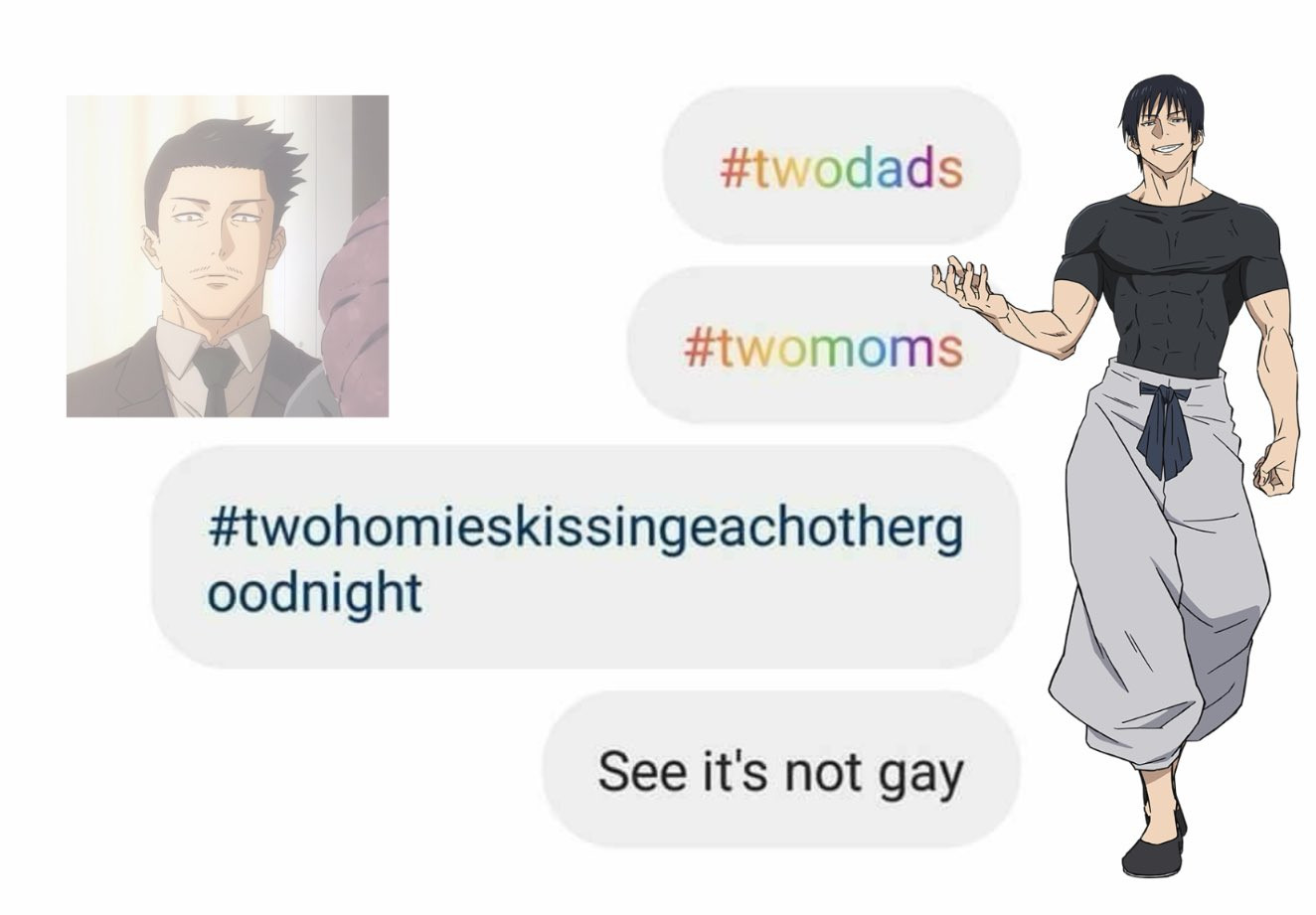 image saying that twohomiekissingeachothers is not gay by toji to shiu