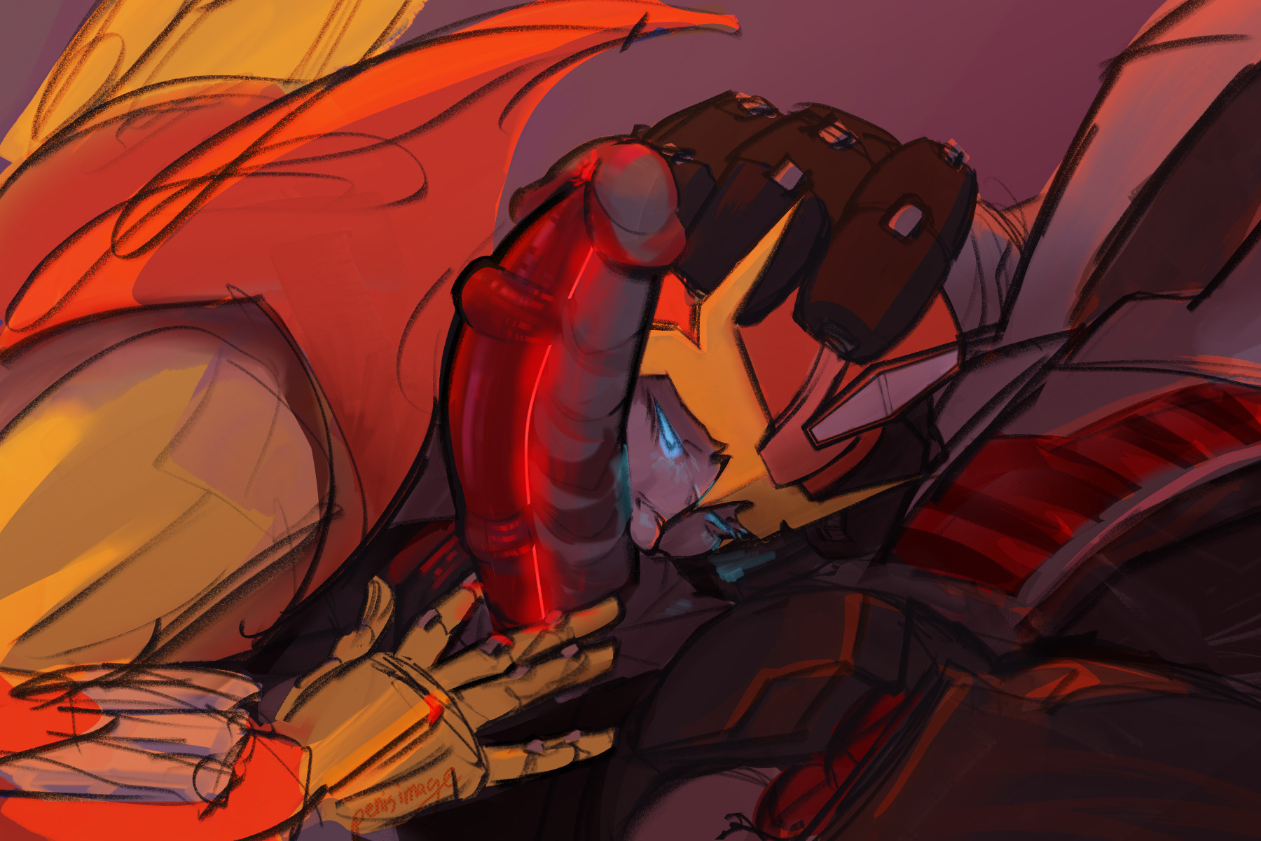 A closeup of Megatron pushing Rodimus' face into the base of his dick, squishing Rodimus' nose against it.