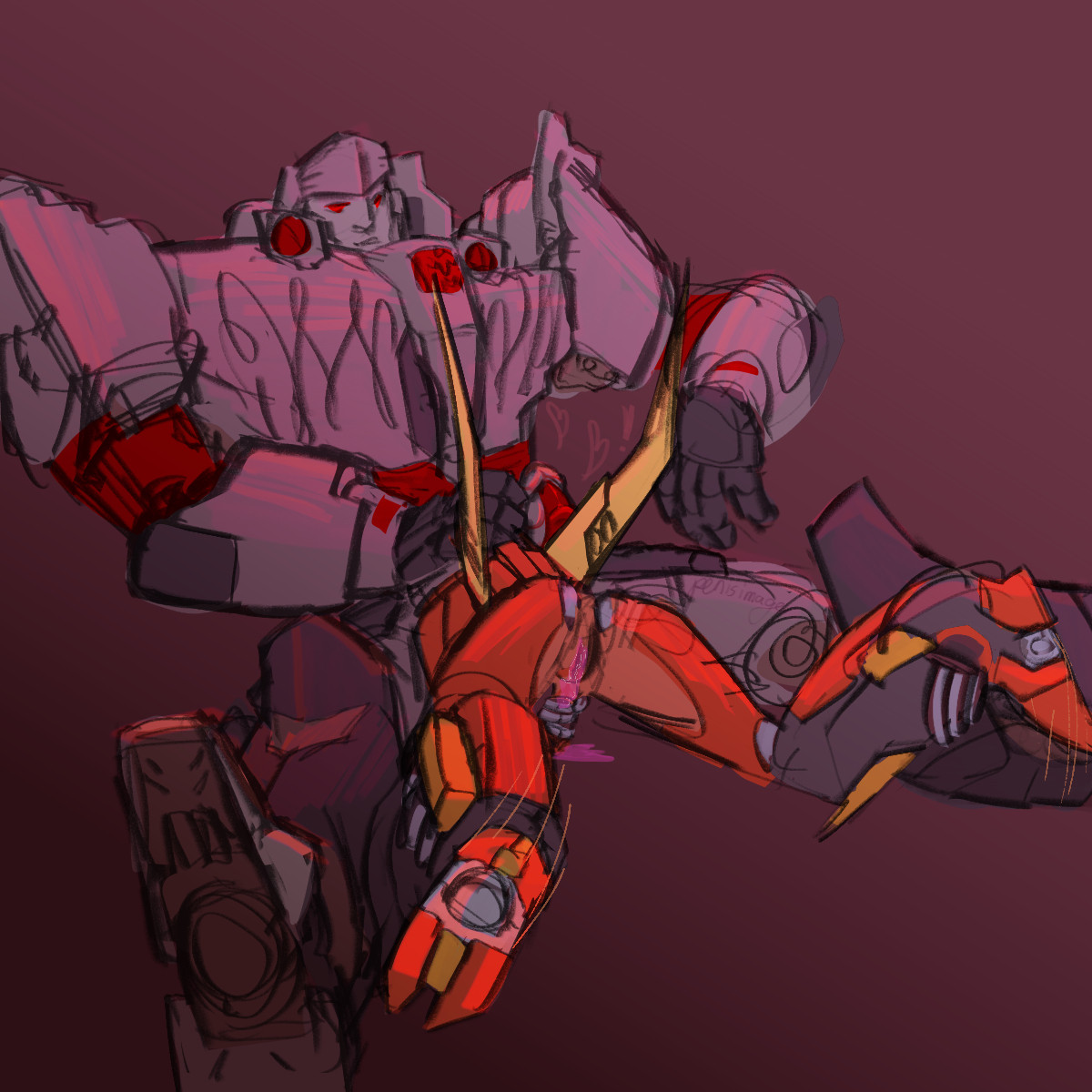 The first subject but zoomed out, showing Rodimus' legs scrambling & his hand on his own dick. Megatron looks pleased.