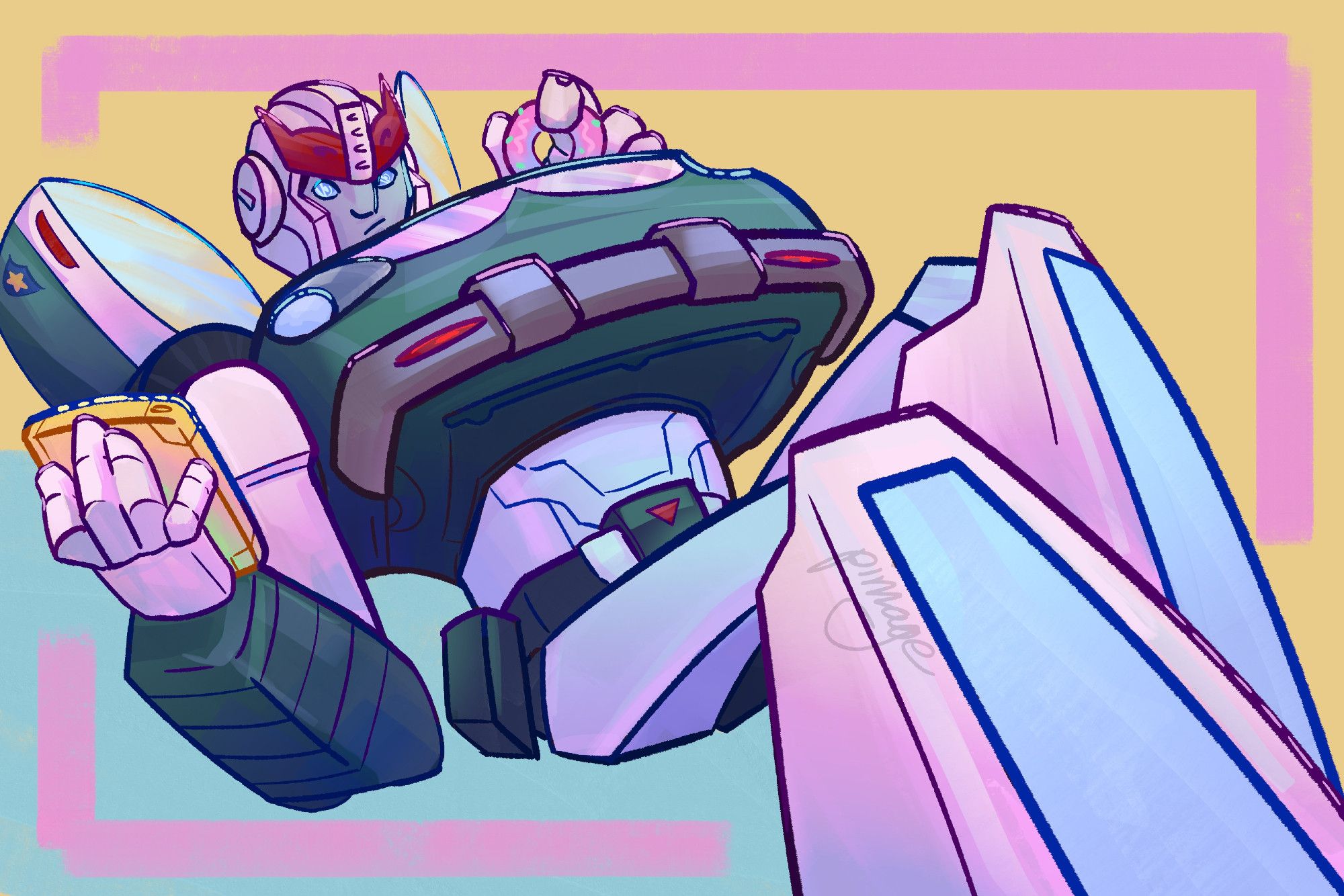 A brightly colored pinup of Prowl, eating a donut & holding a datapad.