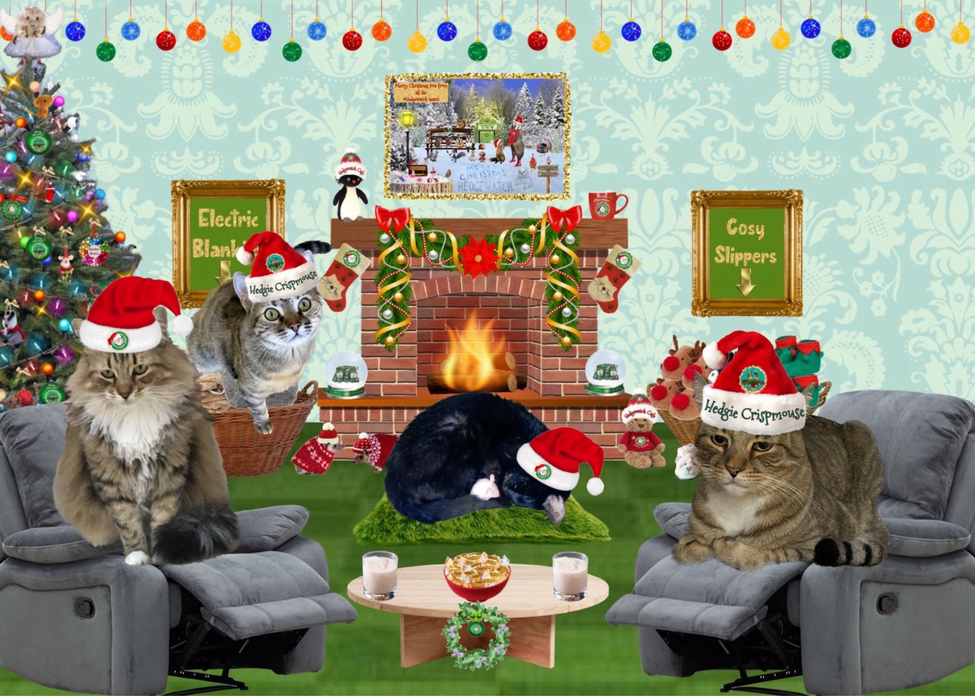 Mooch, Jules, Blacky and Earl lounging on recliners and pillows around the festively decorated fireplace.