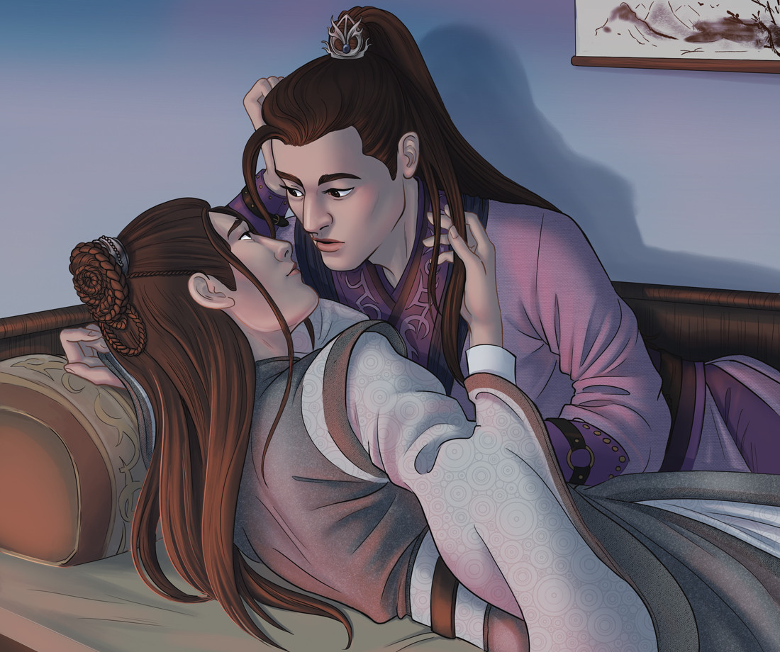 Nie Huaisang fidles with a strand of Jiang Cheng's hair while they both lay in bed and talk.