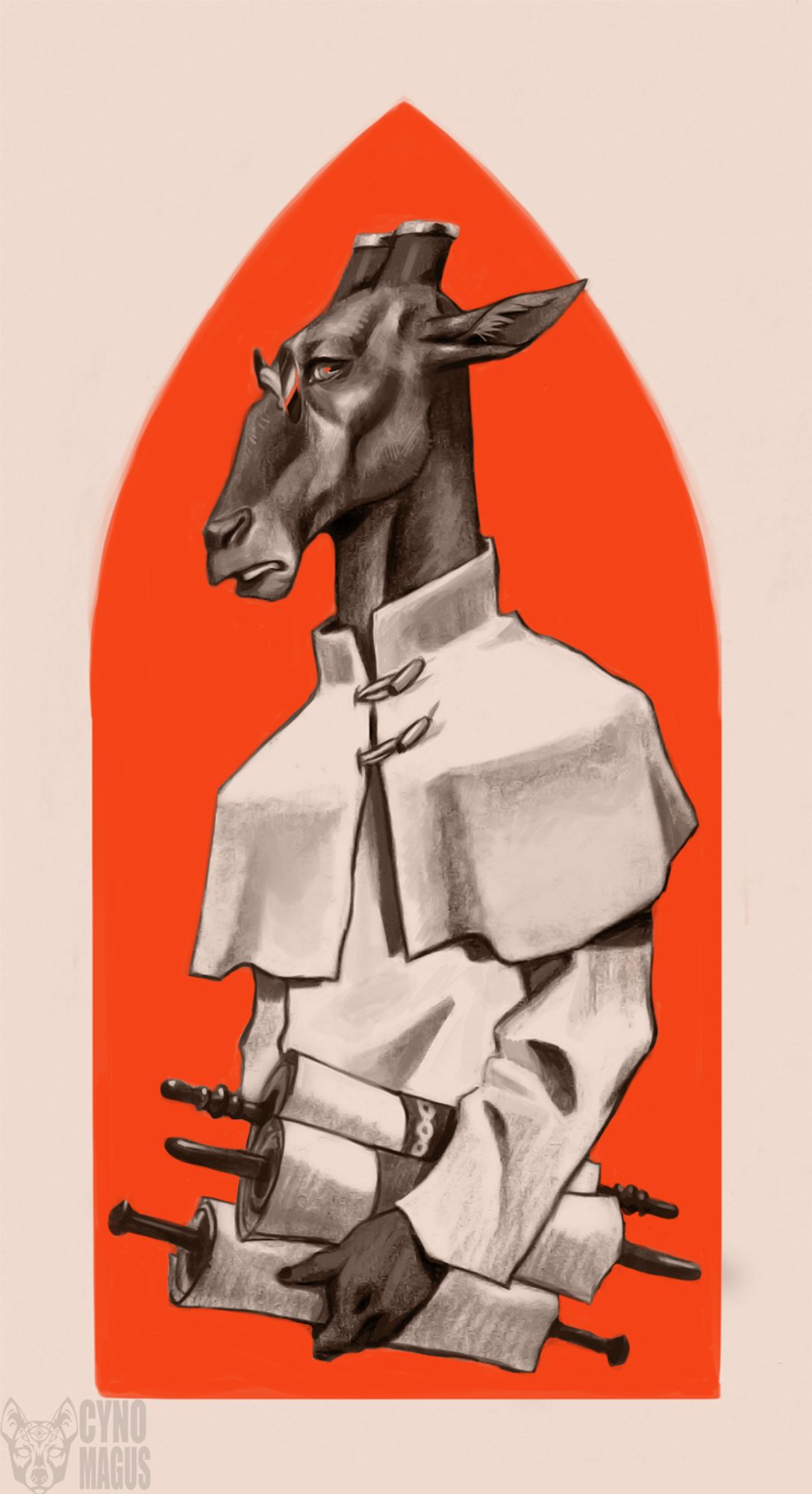 A goat furry in priest wear carrying scrolls framed in an orange arch shape.