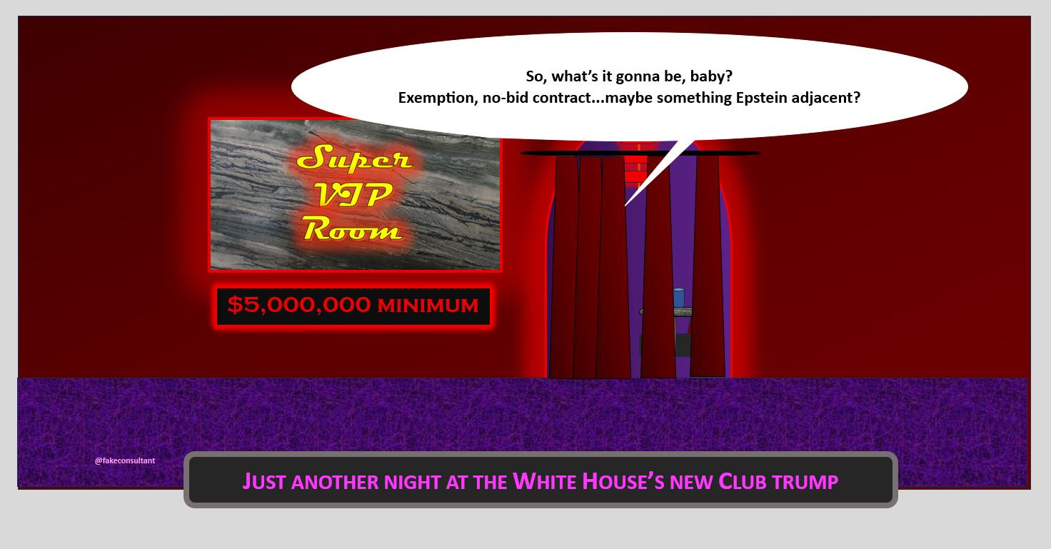 A cartoon showing the Super VIP Room - $5,000,000 minimum. A voice from inside the room says: “So, what’s it gonna be, baby? Exemption, no-bid contract...maybe something Epstein adjacent?” A banner below reads: “Just another night at the White House’s new Club trump”.