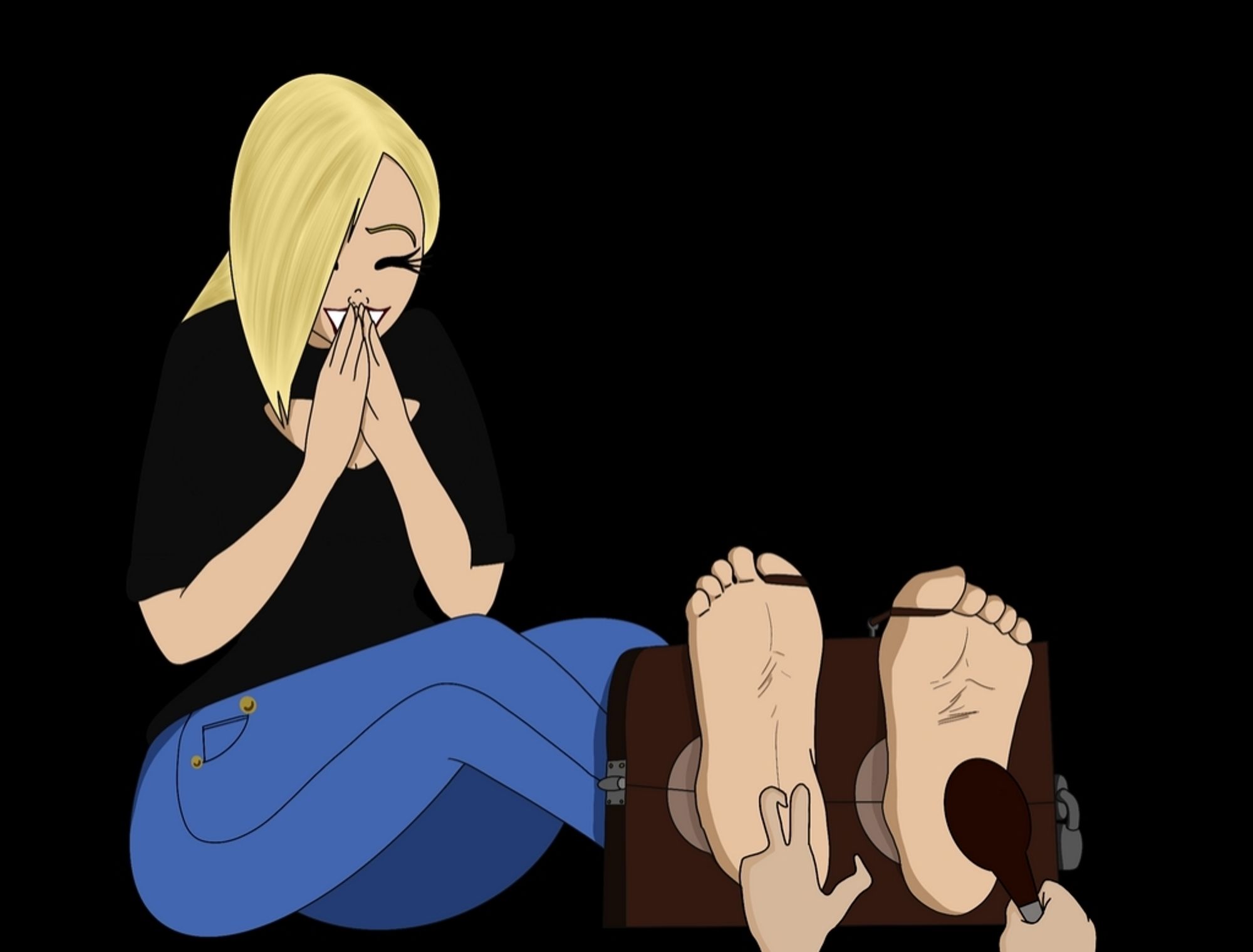 A tall young blonde woman sits on the ground, her ankles bound in a pair of stocks. She holds her hands up to her mouth as she laughs while the soles of her large feet are tickles with fingers, and a hairbrush.