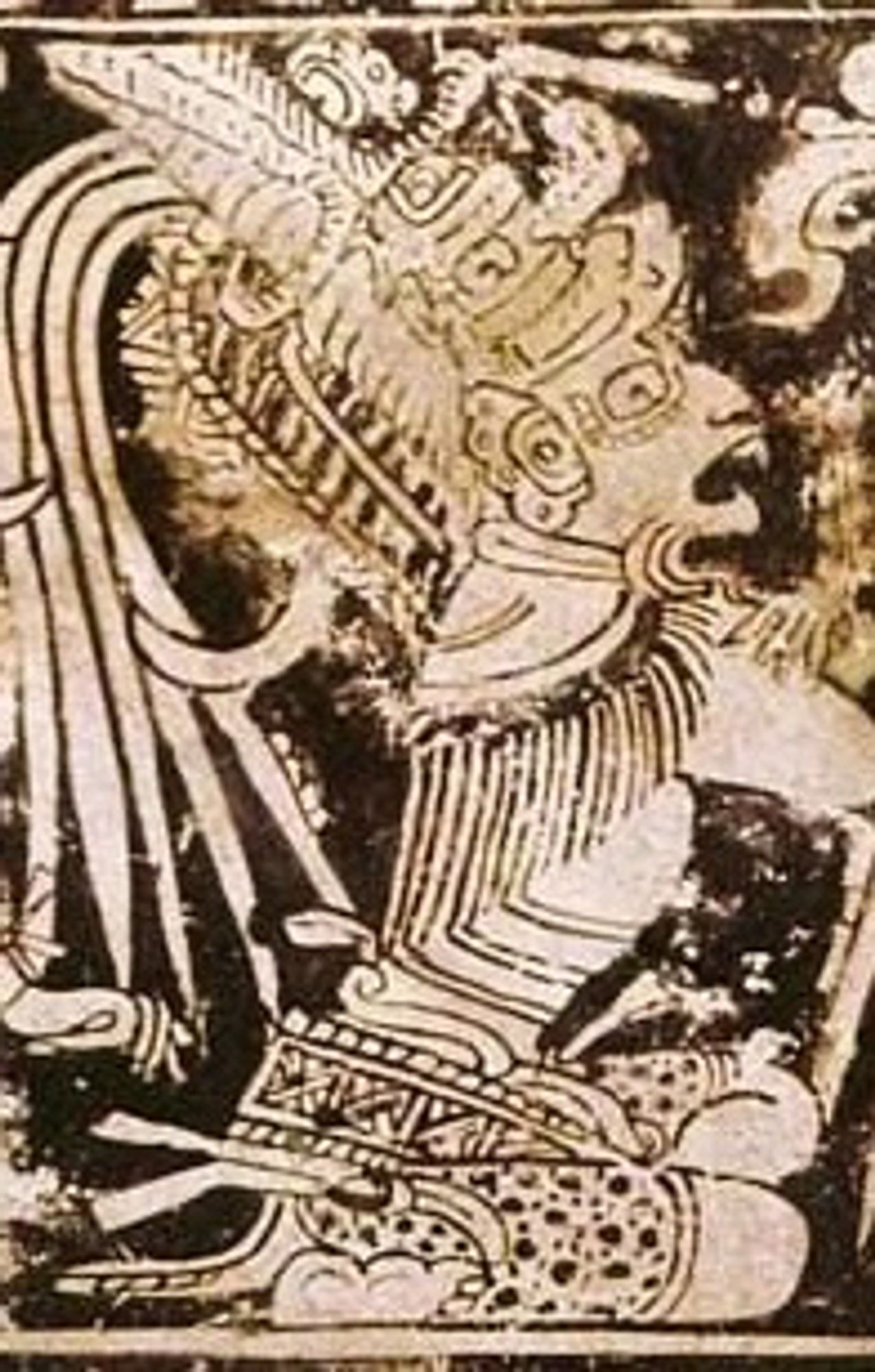 from wikipedia: "The Tortuguero monument connects the end of the 13th bʼakʼtun with the appearance of Bʼolon Yokteʼ Kʼuh, shown here on the Vase of Seven Gods.” The picture is a sepia version of black and white: a man with a highly elaborate hat kneels in spotty mayan shorts facing to the right, his ravenous one-toothed mouth open and face contorted in apparent horror (unless he is about to deliver the horror). Tortuguero is in Tabasco in Mexico and the image is linked to the END OF THE WORLD, as prophesied in 2012: did it happen? I think it happened. 

Tortuguero is in Tabasco, Mexico!