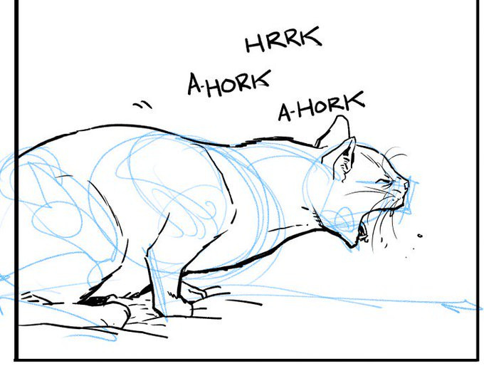 Deskshot of a comic book panel in progress. Line drawing of a cat viewed from the side, trying to barf.