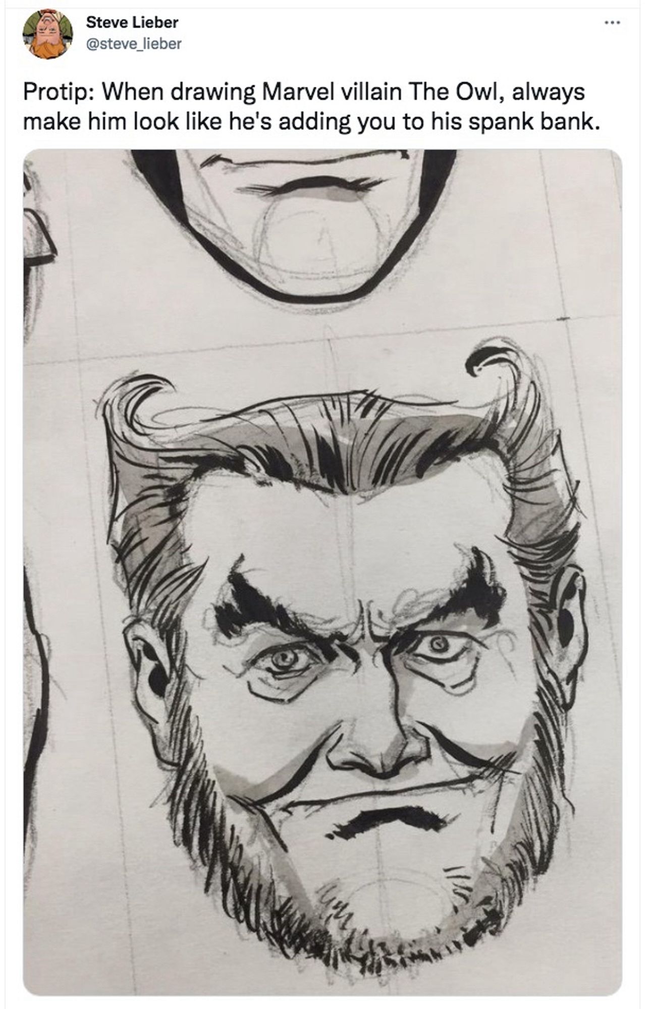 Steve Lieber
@steve_lieber
Protip: When drawing Marvel villain The Owl, always make him look like he's adding you to his spank bank.